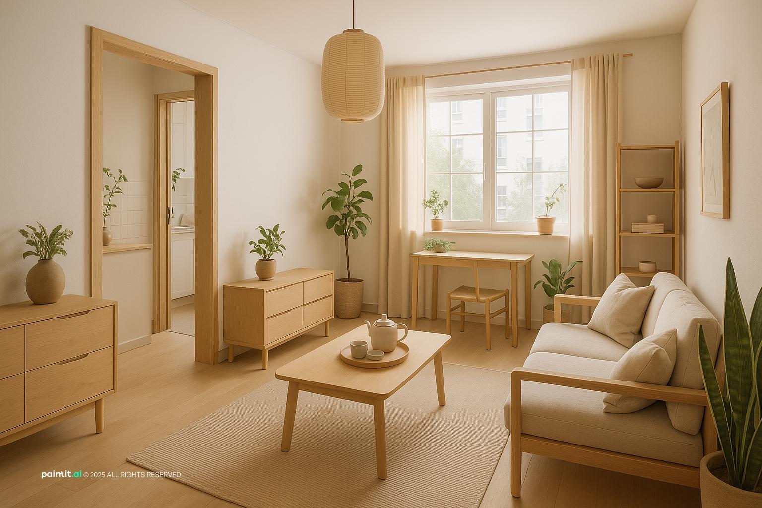 Japandi room with pale wood furniture, a linen sofa, a low table and a small desk by the window
