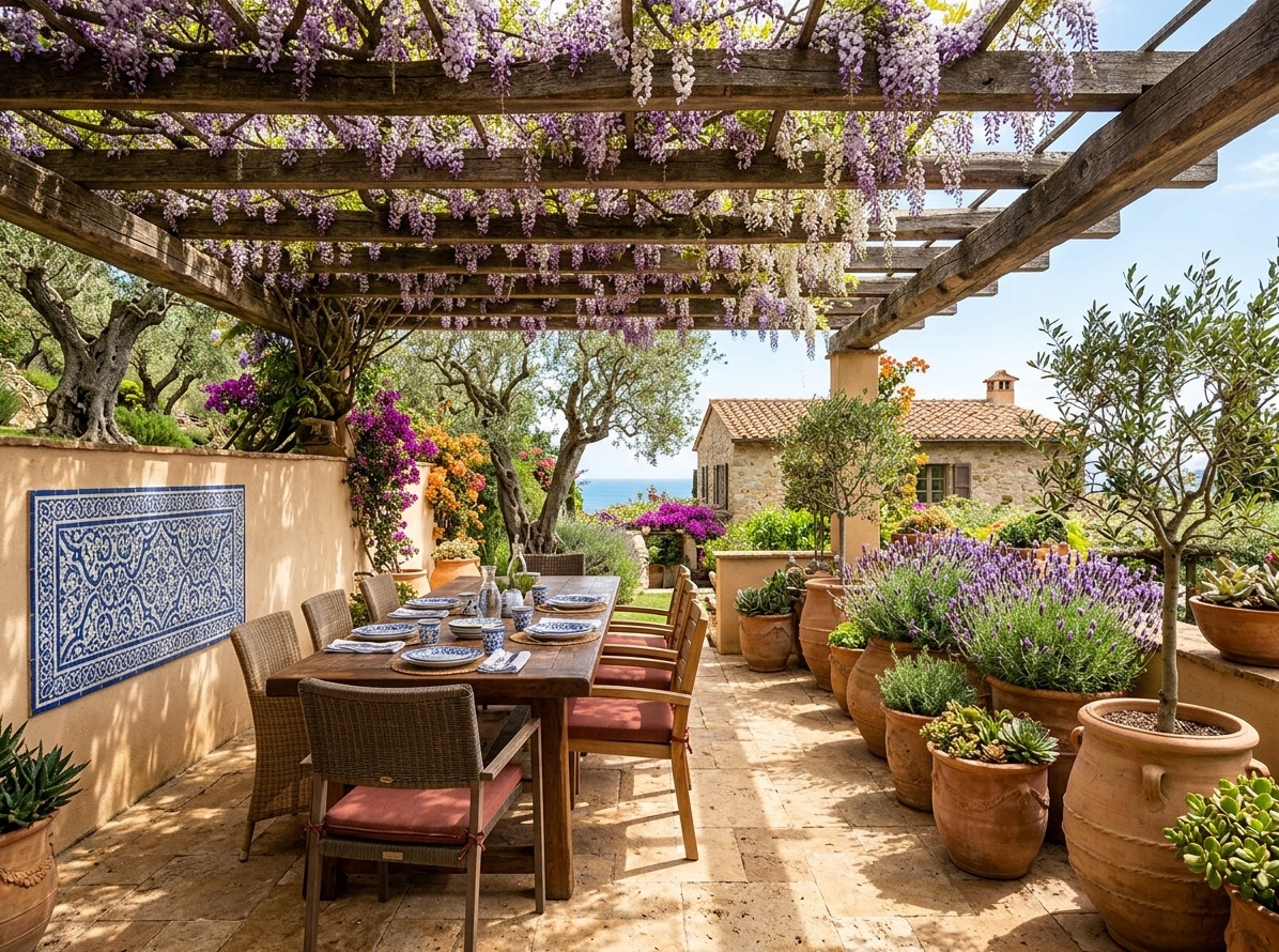 Mediterranean backyard with travertine pavers, wooden pergola with wisteria, terracotta planters, outdoor dining table, and blue mosaic tile wall accent