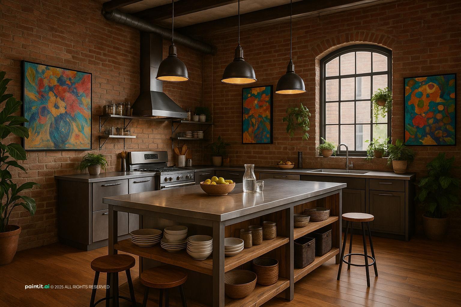 Exposed Brick Loft Kitchen with Open Shelving for New York Loft Style Interior Design