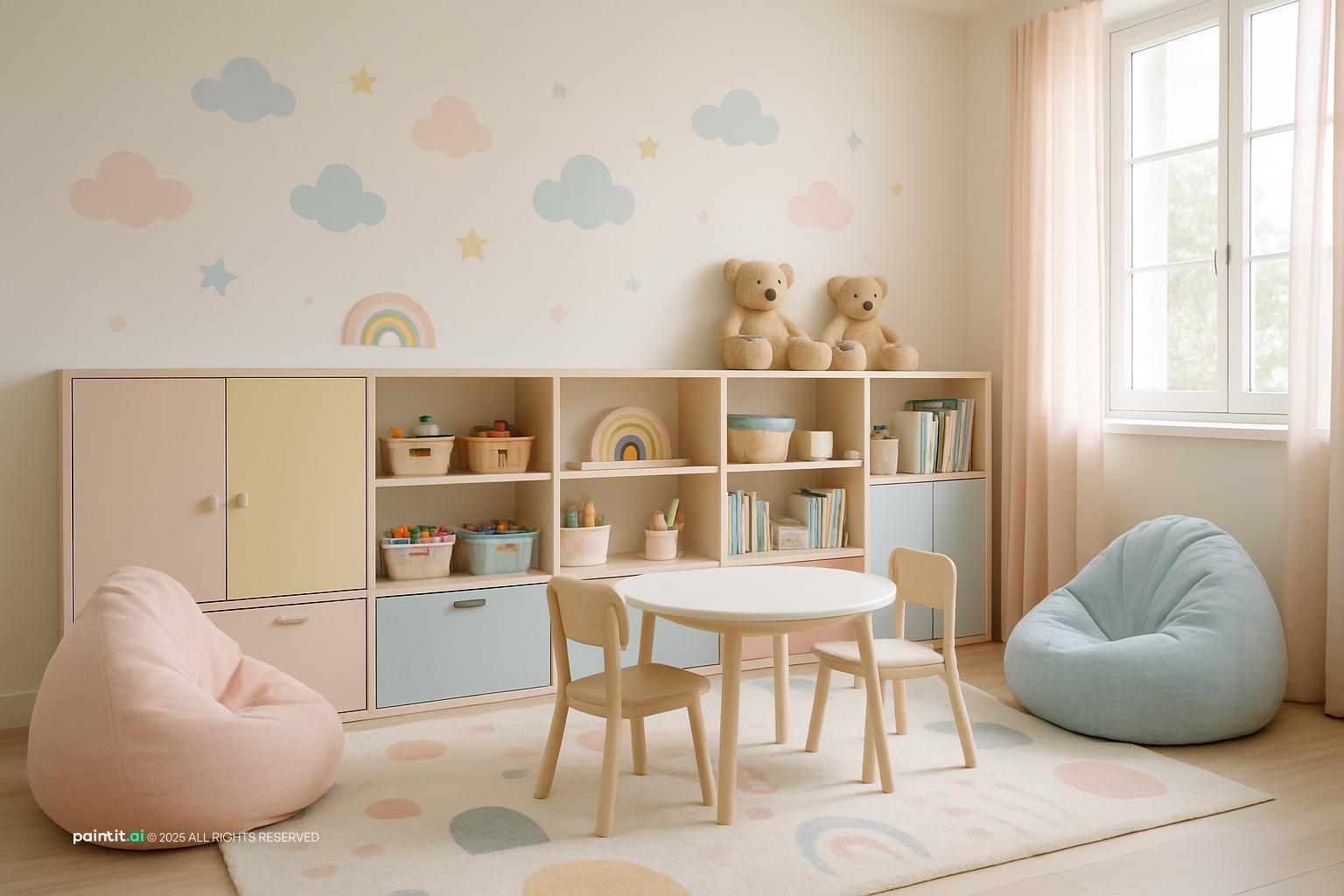 Pastel playroom with cloud decals, open shelves, bean bags and small tables