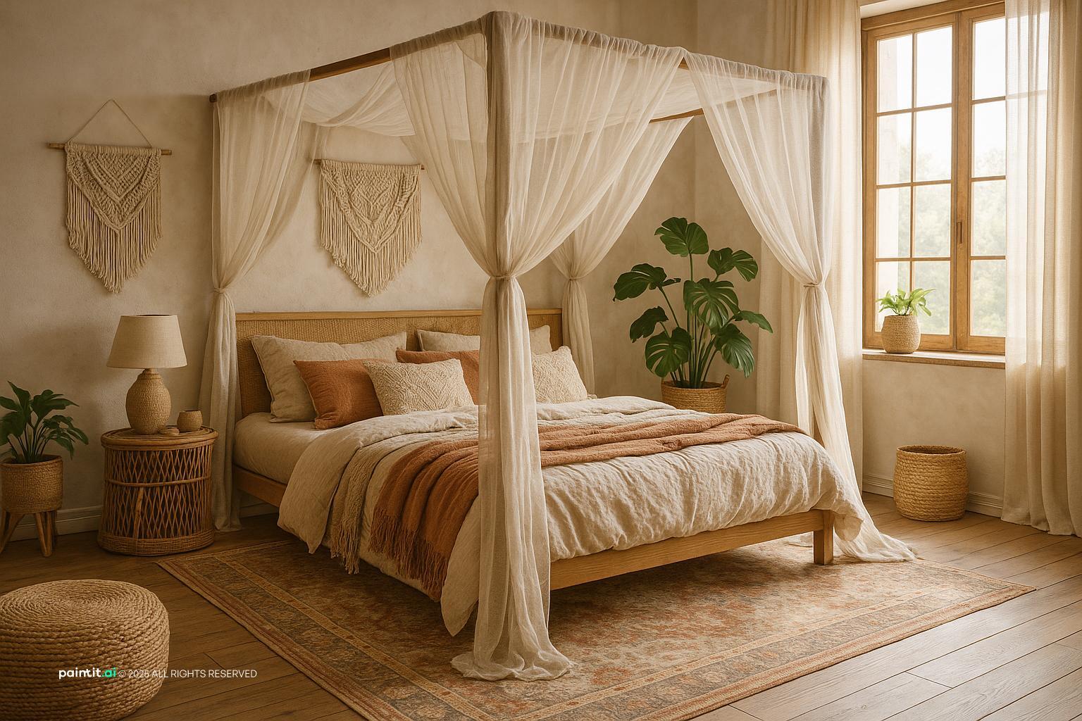 Boho Canopy Bedroom with Layered Textiles for Bohemian Style Interior Design Characteristics