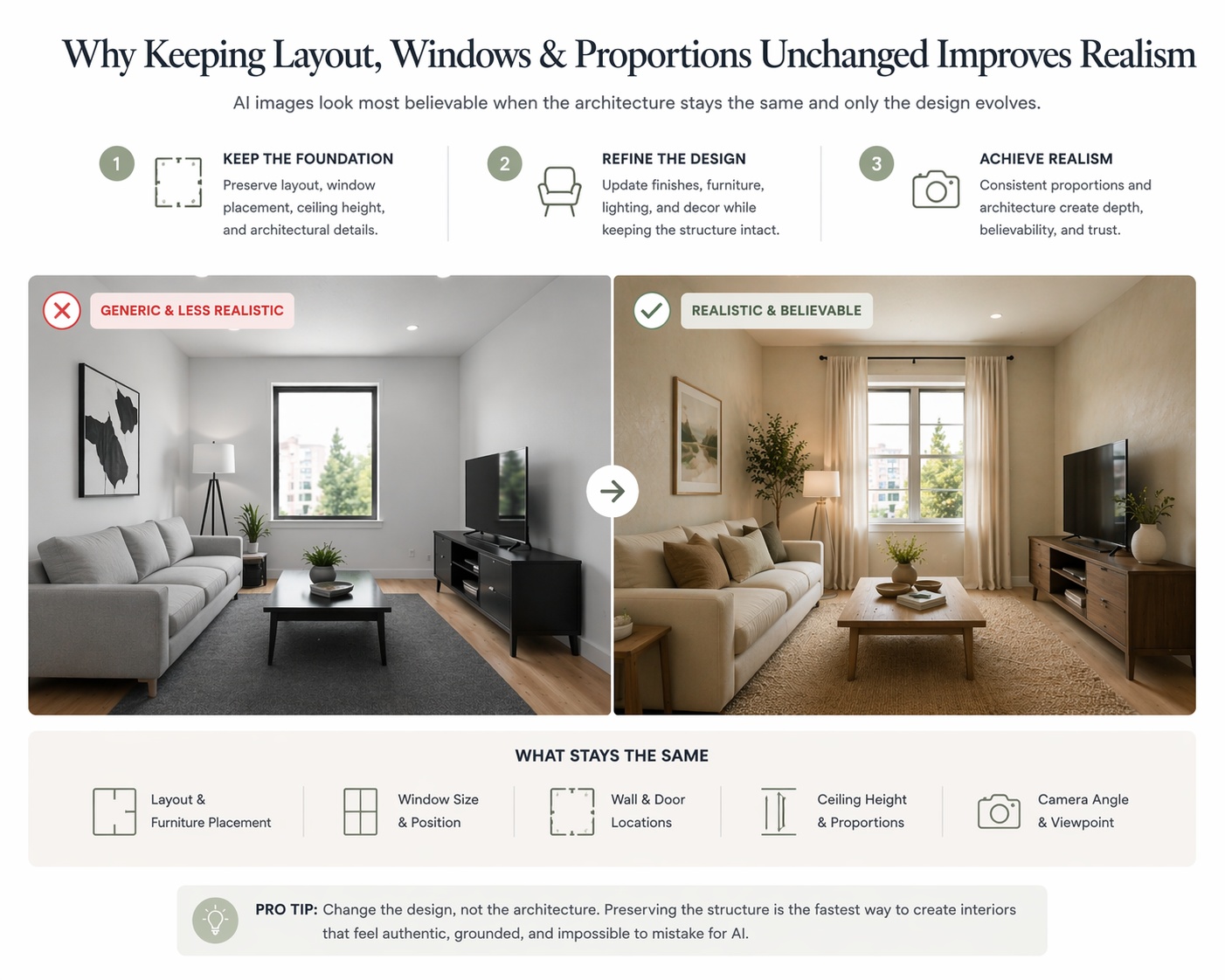 Infographic showing the structure of a strong realism-focused AI interior prompt