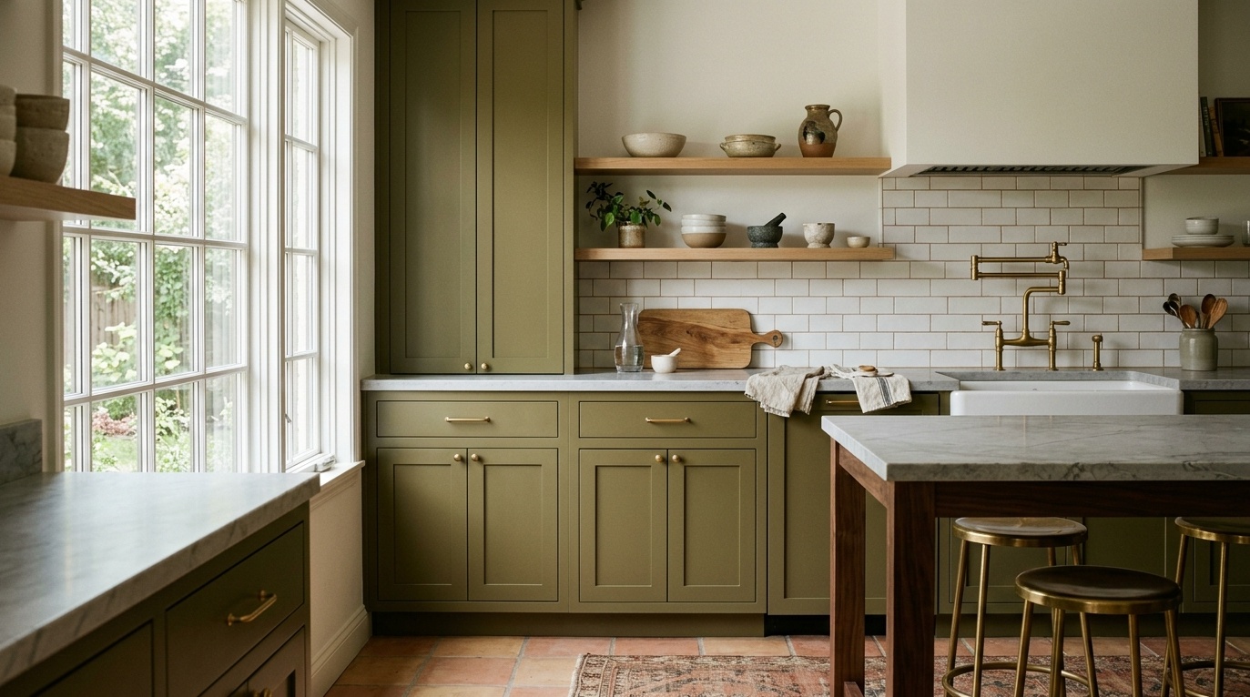 modern kitchen with warm olive green cabinetry, brass hardware, honed stone countertops