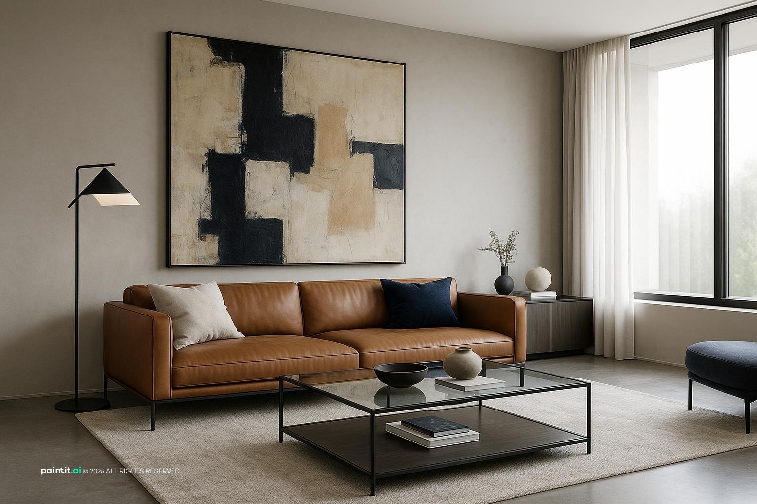 Living room with a cognac leather sofa, a black coffee table and a large abstract painting