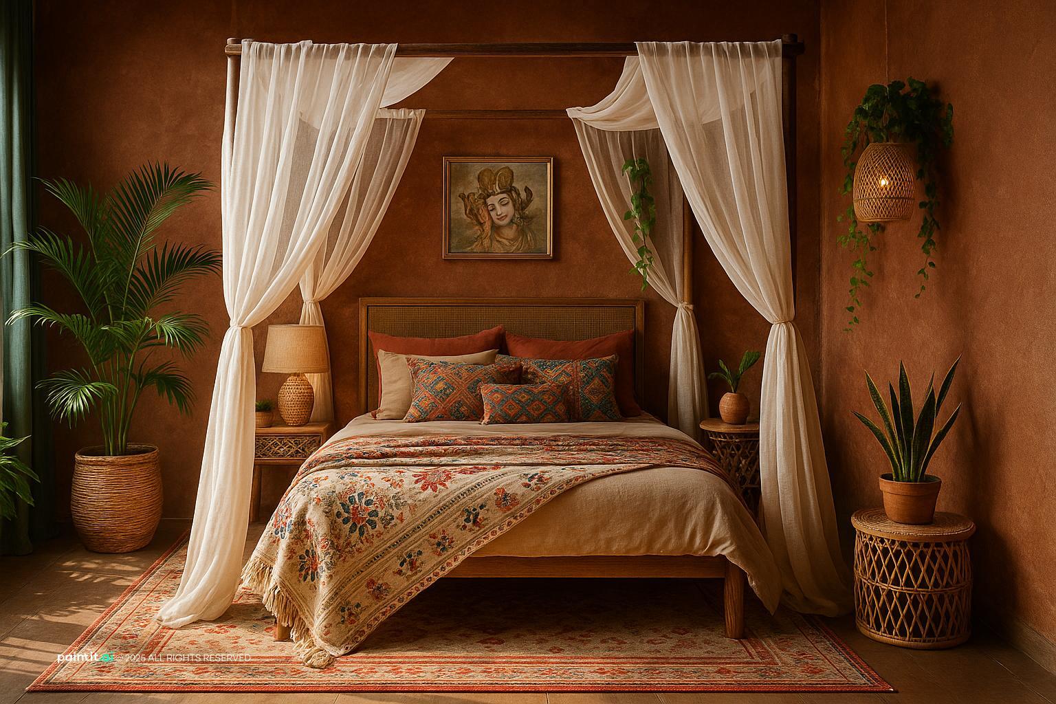 Bedroom with a draped canopy bed, terracotta walls, patterned textiles and potted plants