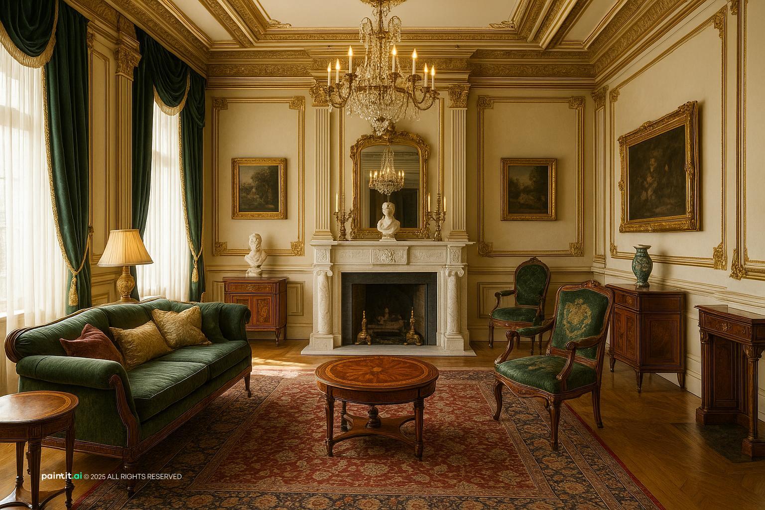 Elegant Neoclassical Living Room Design with daylight and cream and a calm living room atmosphere.