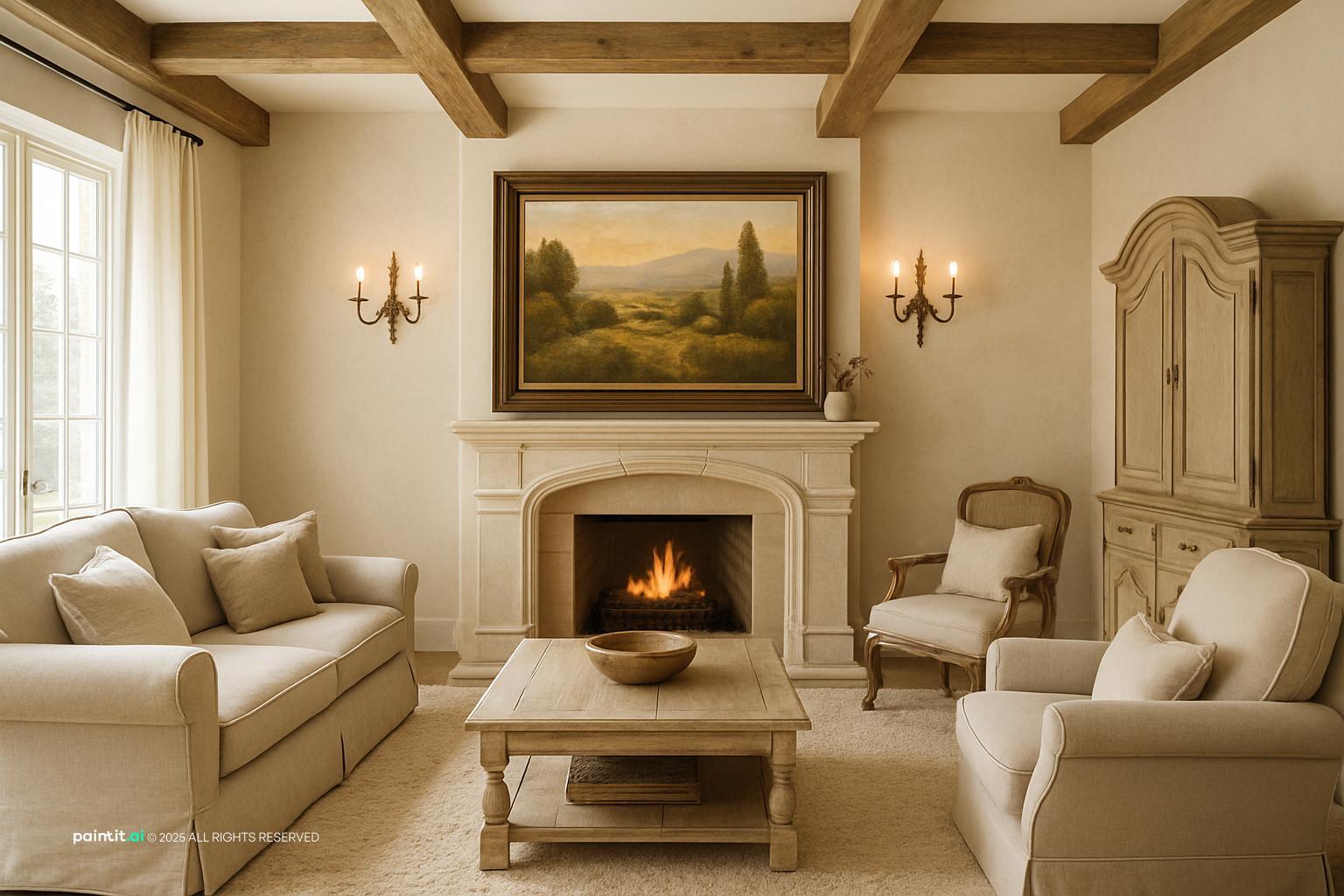 French country living room with wood beams, a landscape painting over the mantel, wall sconces and a painted armoire