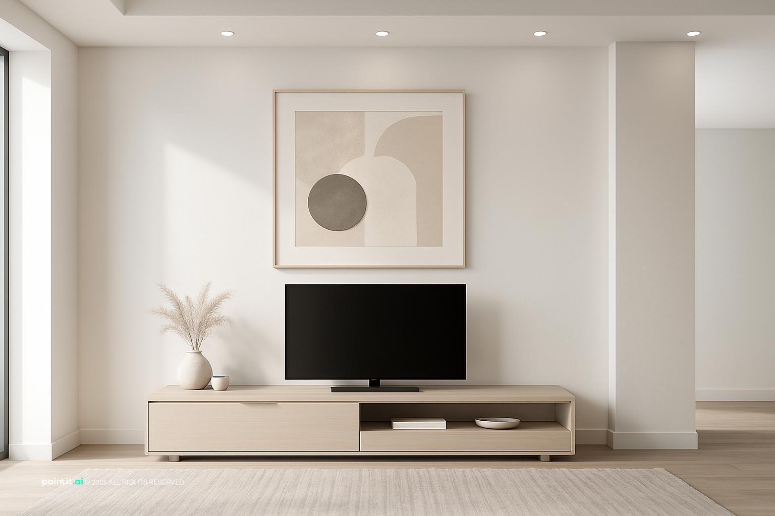 Minimal living room with white walls, a low TV unit and a single abstract print in bright neutral light
