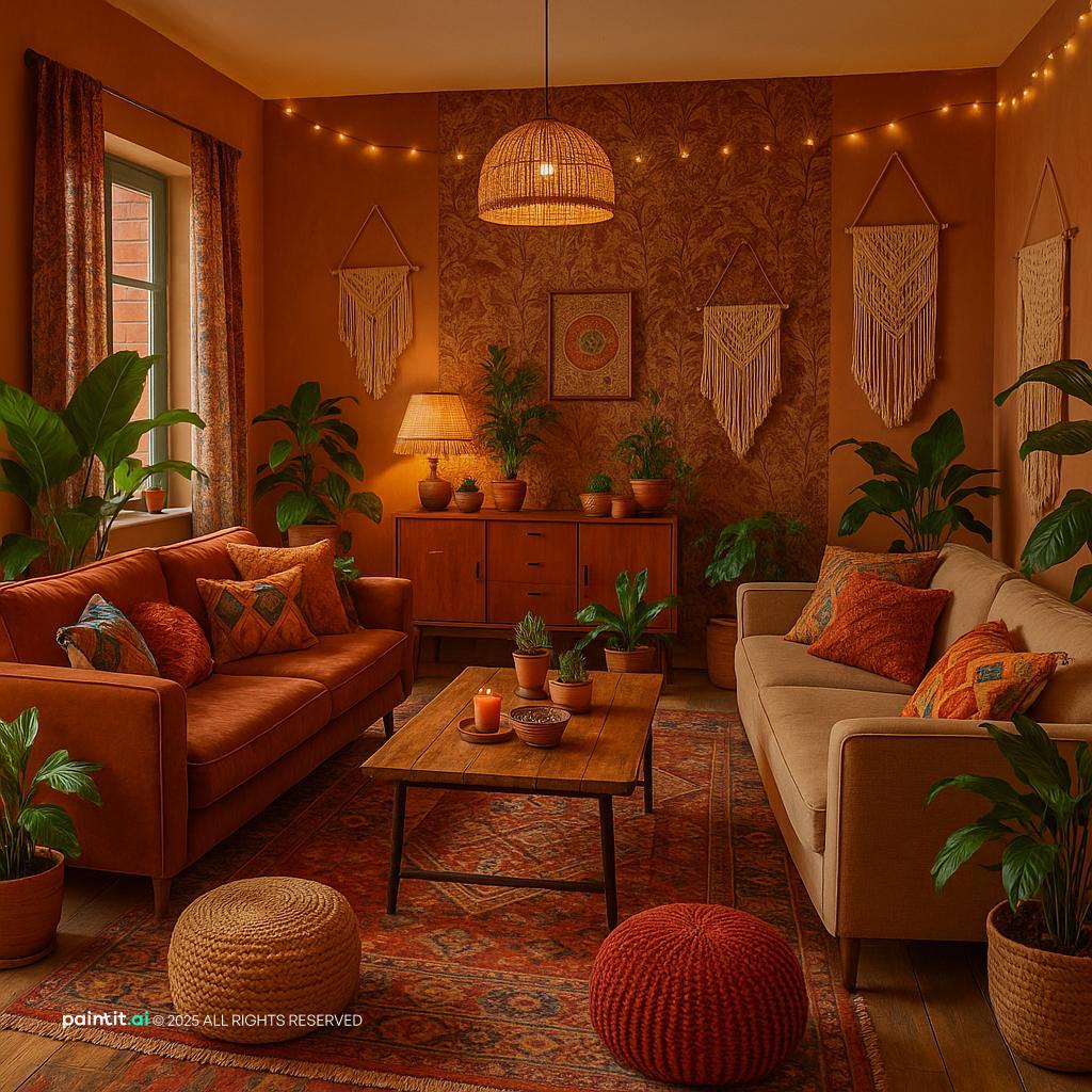 Boho living room with terracotta walls, string lights, rust sofas and poufs
