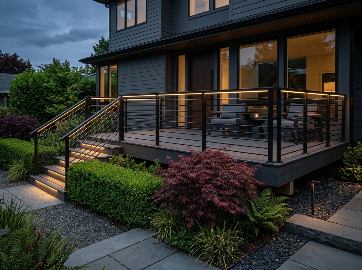 Dramatic modern front deck with charcoal composite decking, matte black railings, and warm LED lighting at dusk