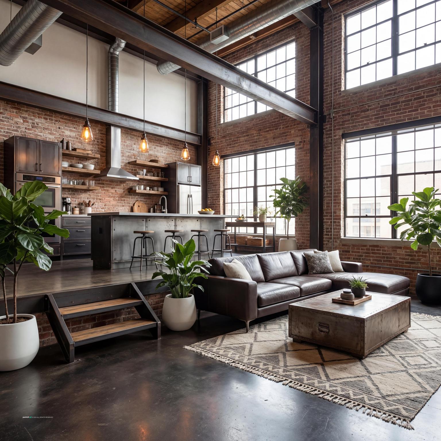 Stunning industrial-style loft living room design featuring exposed brick, metal accents, and a spacious layout for urban living.