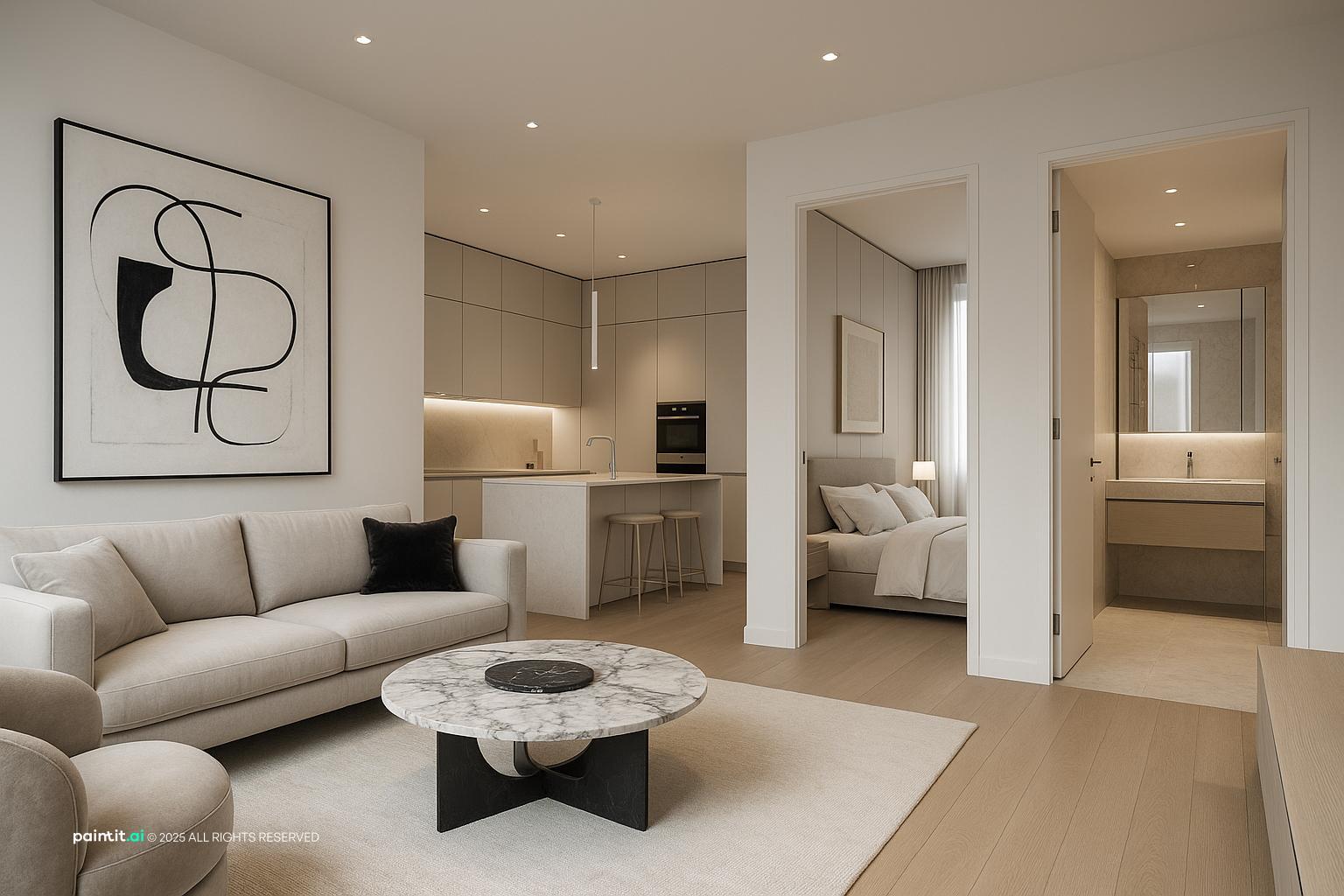 Minimal Modern Luxury Apartment Design living room decor, sleek furniture, neutral palette, and uncluttered space.