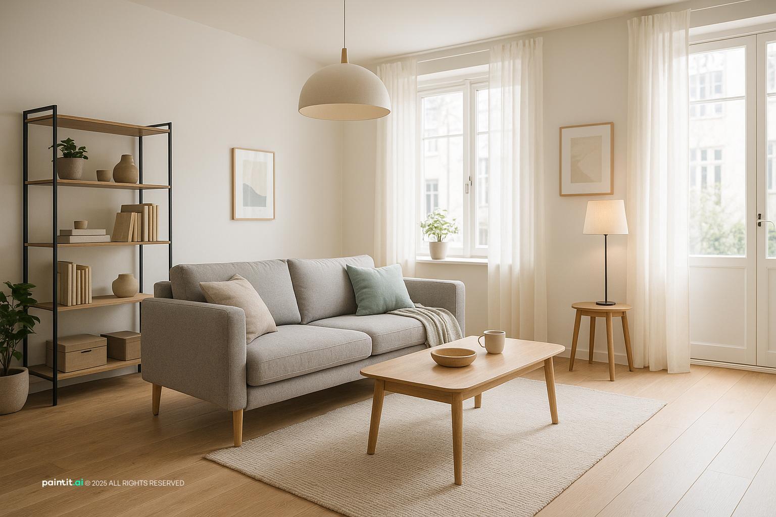 Scandinavian Style Living Room Design with warm lighting and a calm living room atmosphere.