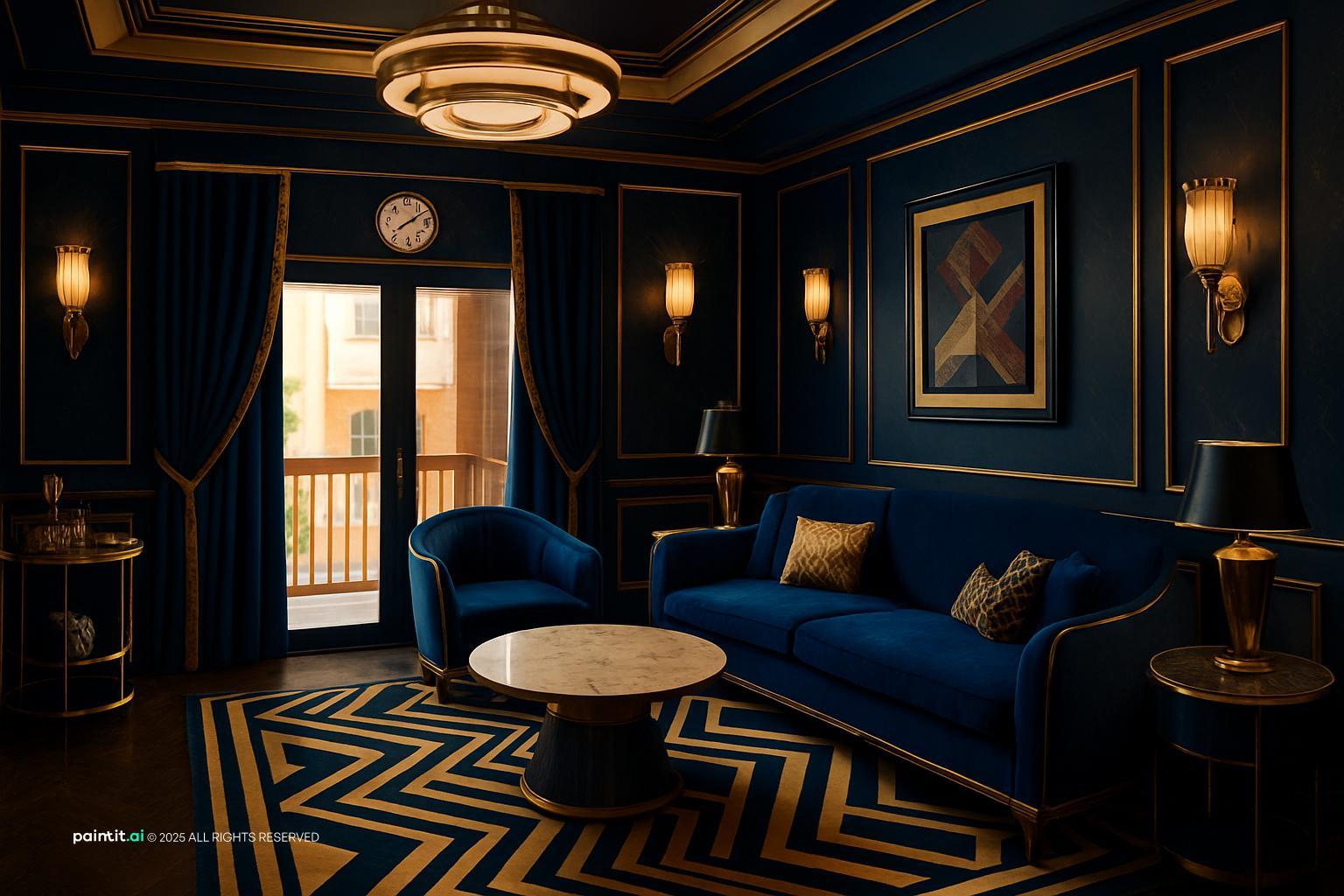 1920s Art Deco living room with a navy velvet sofa, a zigzag-pattern rug, dark walls and gold accents