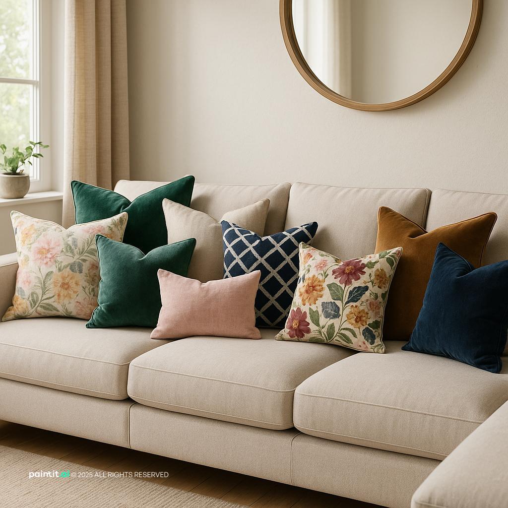 Stylish Living Room with Jewel-Toned Cushions with sectional and linen and a calm living room atmosphere.