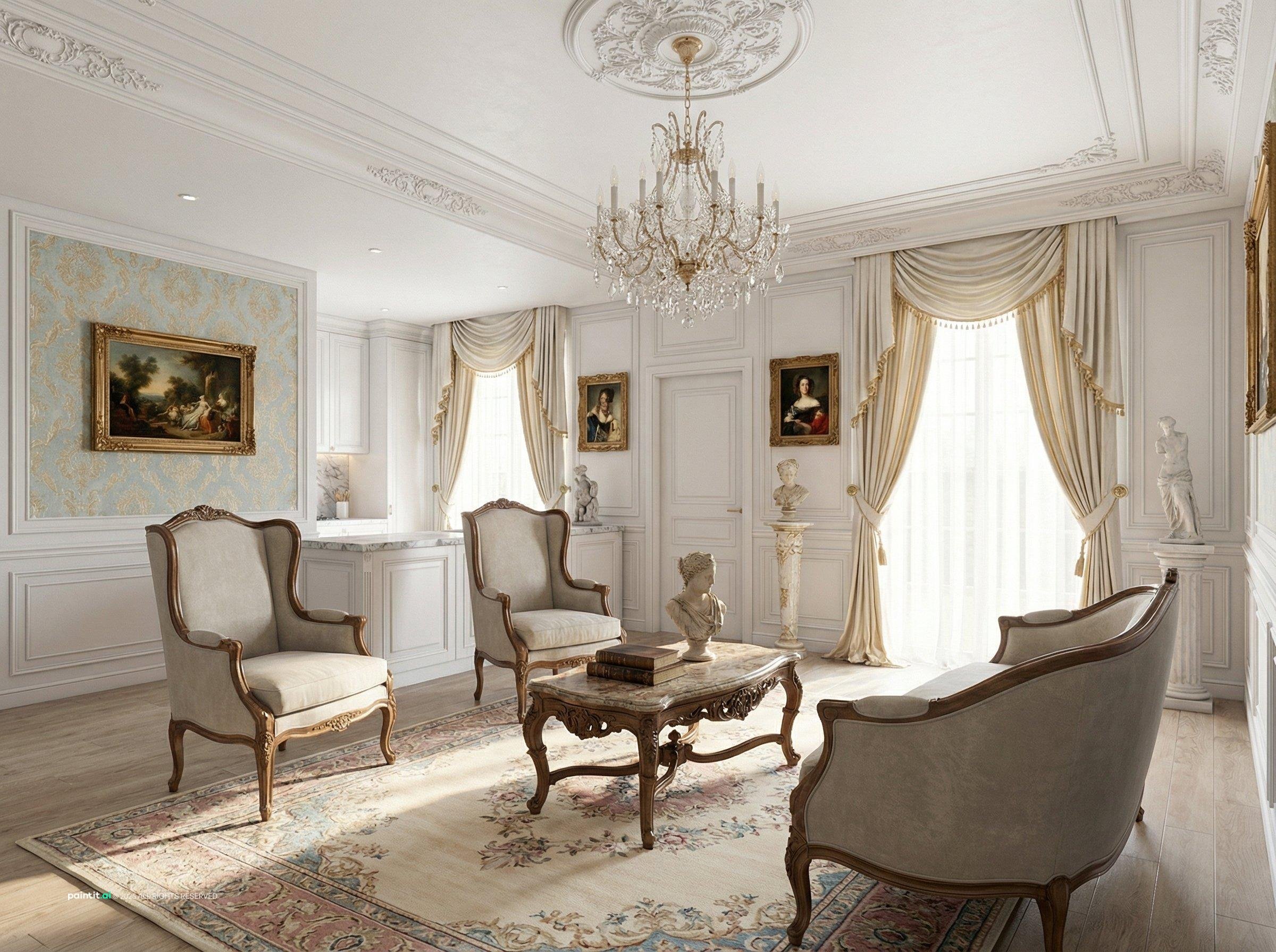 Traditional living room with panelled walls, a crystal chandelier and antique chairs