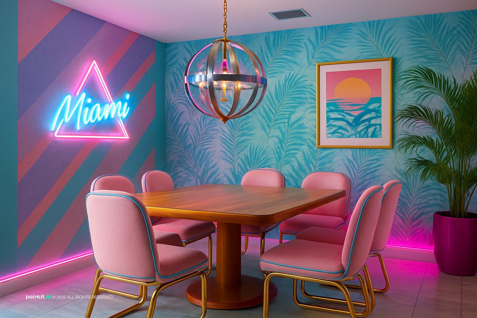 80s Miami dining lounge with neon sign, pastel colours, and geometric wall pattern