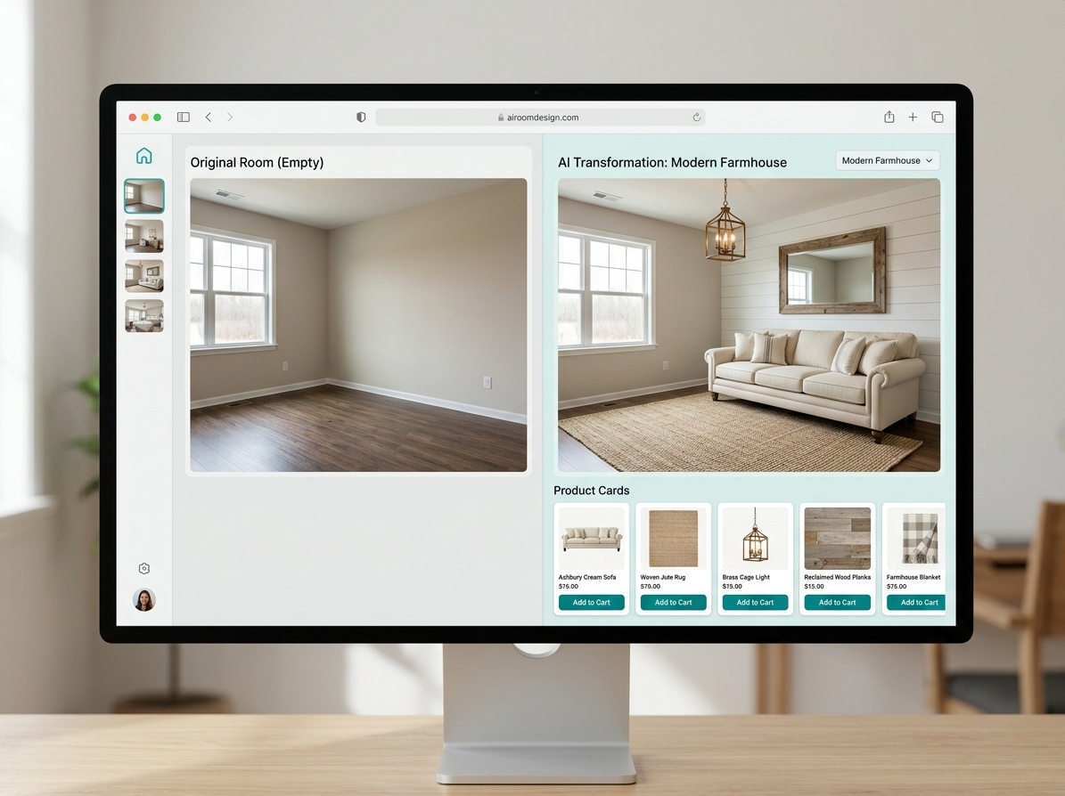 AI room design workflow UI showing uploaded empty room on left and styled Modern Farmhouse visualization on right with product cards below