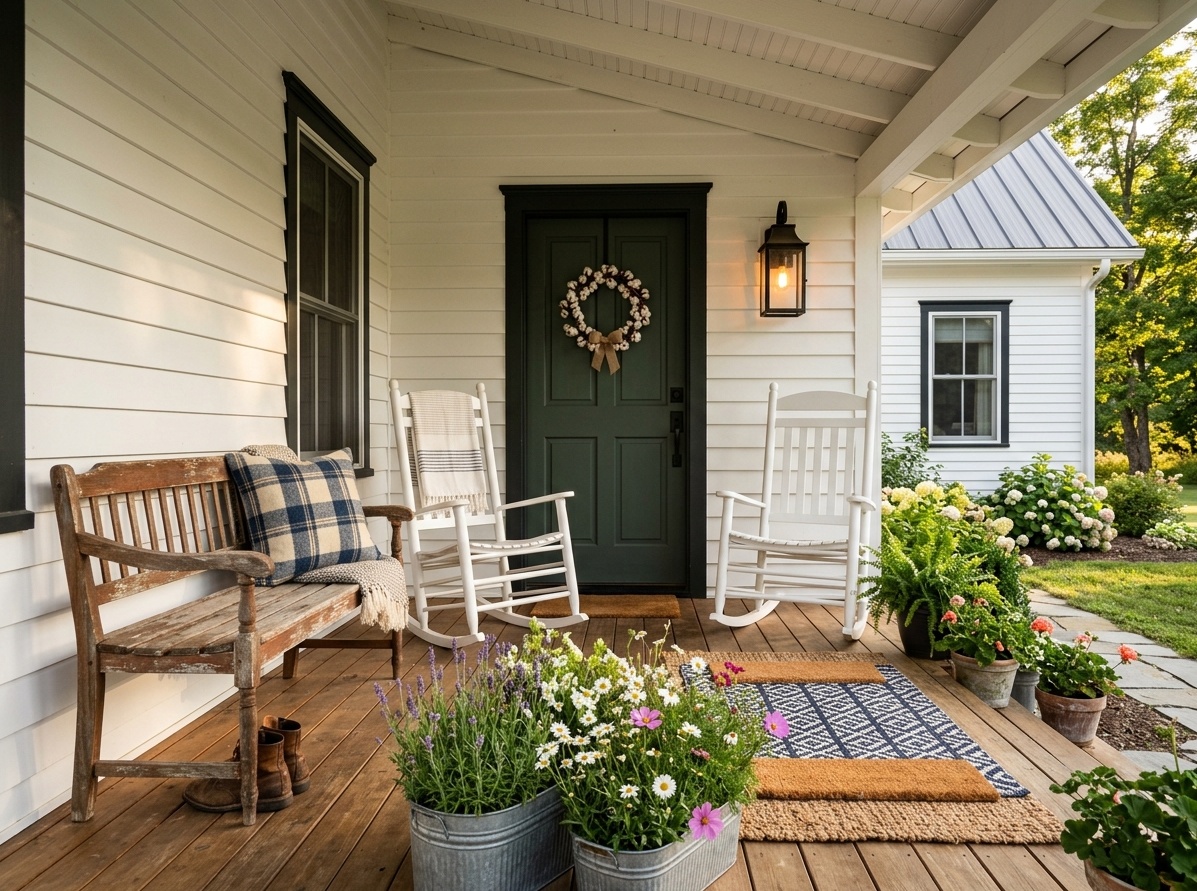 Cozy farmhouse front porch with rocking chairs, galvanized planters,  layered doormat, and cotton wreath on the front door