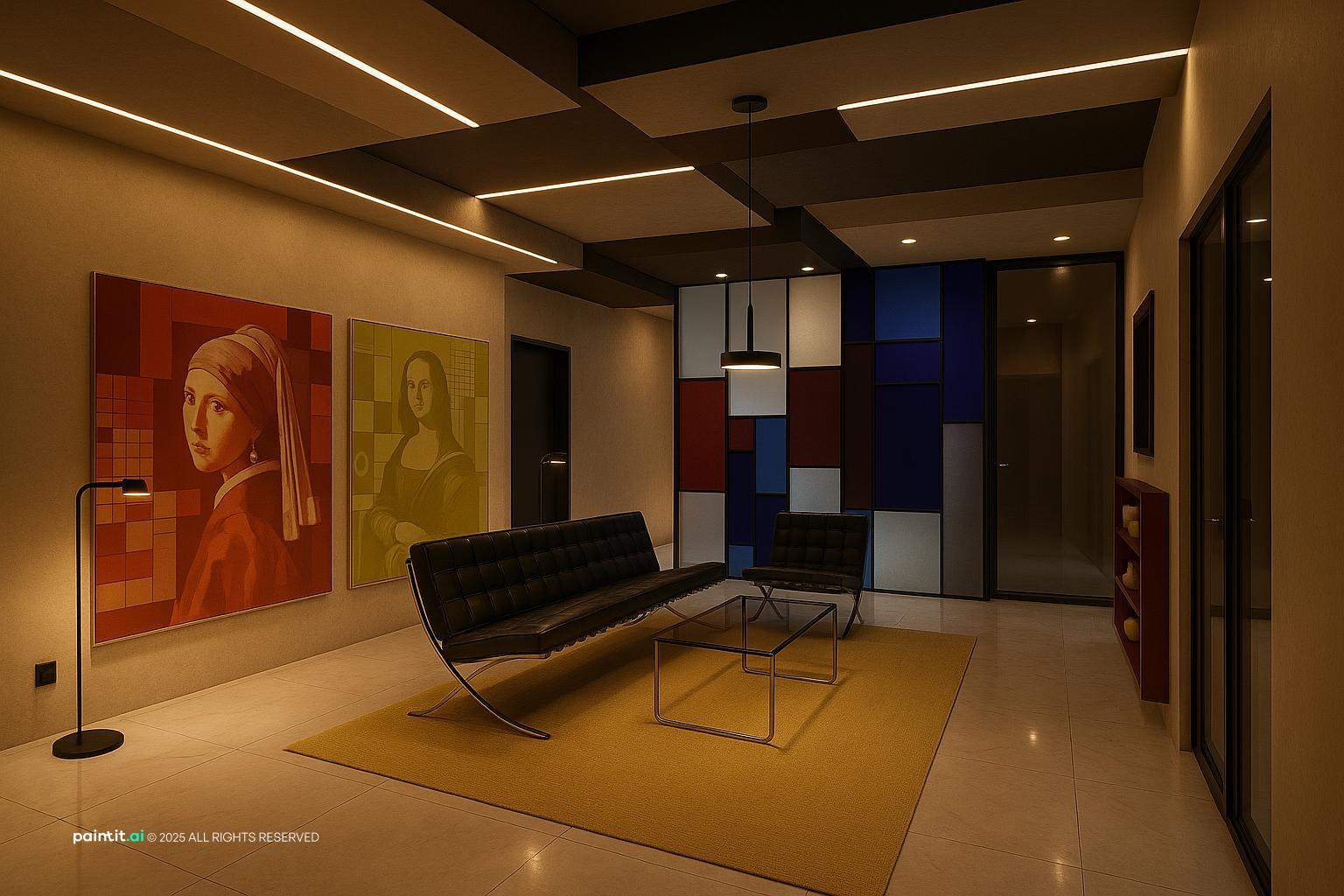 Modern living room with a golden yellow floor, black seating, microcement walls and bold framed art