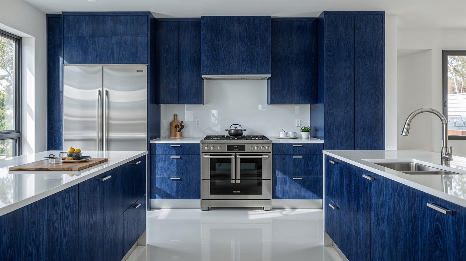 Modern Royal Blue Kitchen with Stainless Steel