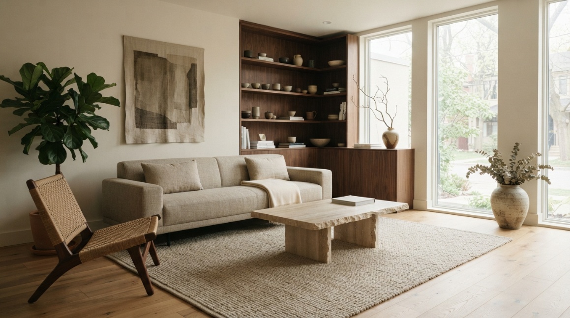 photorealistic minimalist apartment interior, Scandinavian and Japandi influence, oak floor, linen sofa, walnut wood shelving, travertine coffee table, natural light, realistic proportions