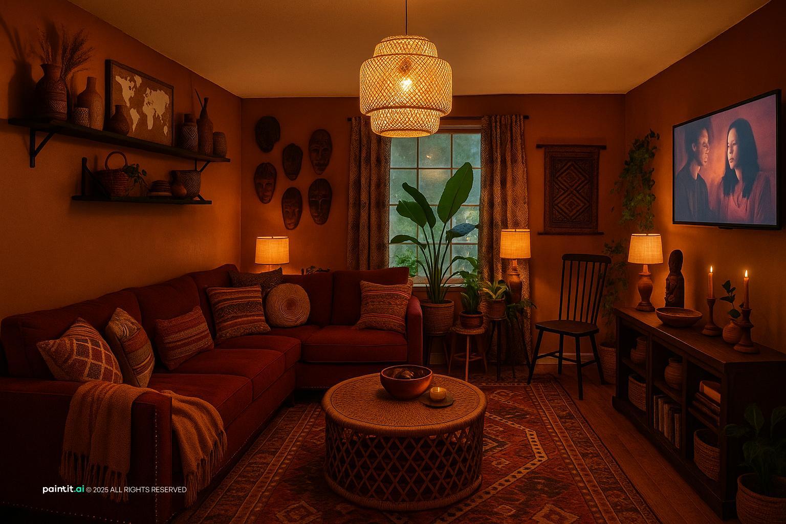 Eclectic living room with terracotta walls, patterned textiles, a rattan pendant and wall plates