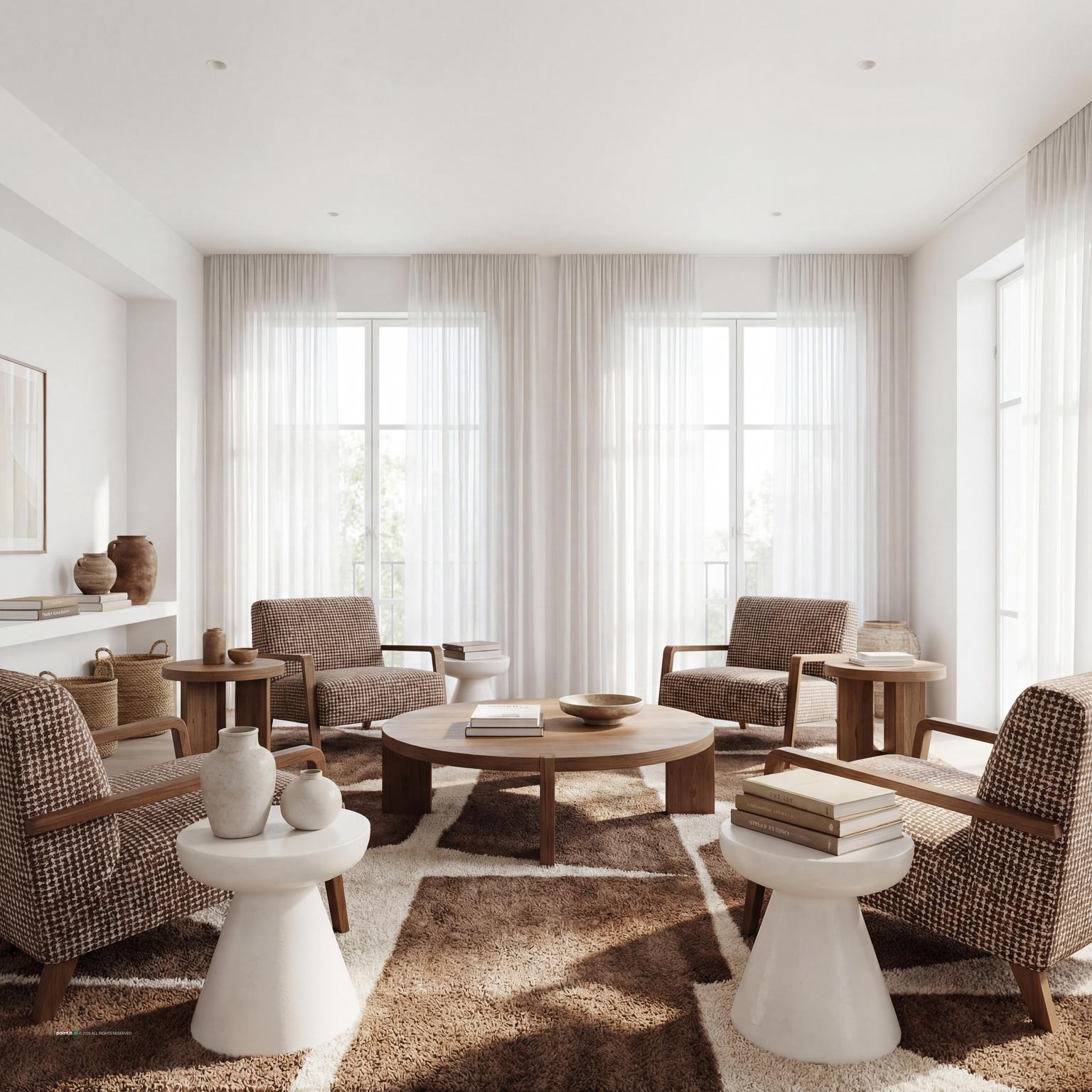Stylish brown and white living room design featuring crisp white wainscoting, creating a balanced and inviting contemporary space.