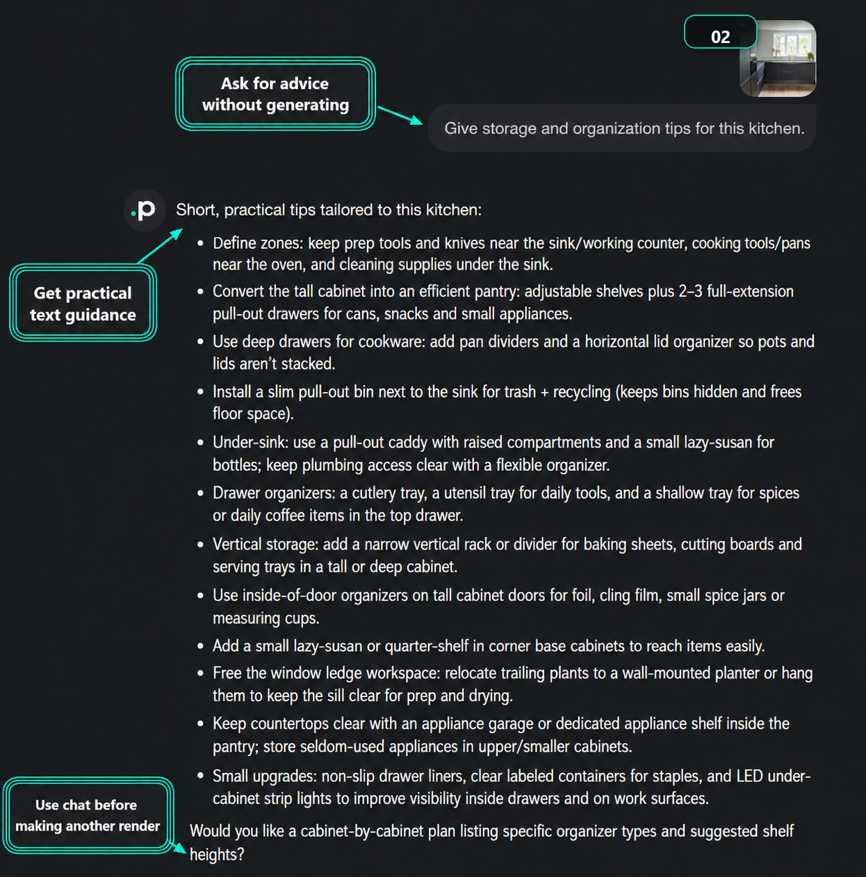 Paintit.ai chat showing a kitchen prompt and a text response with storage and organization tips.