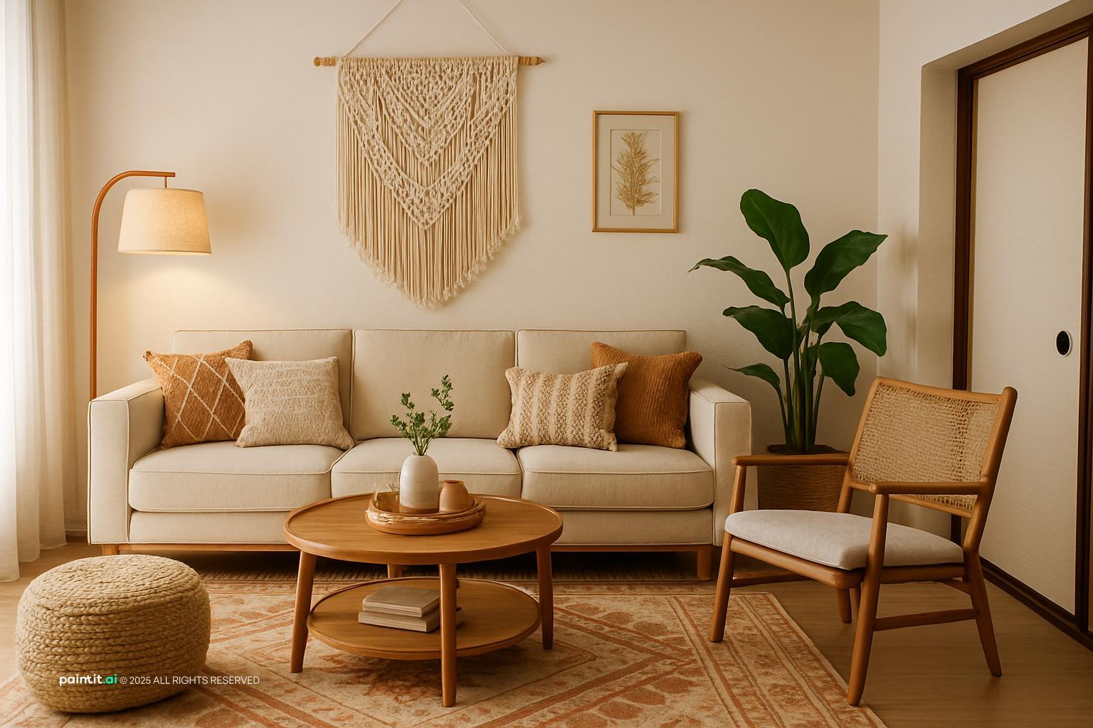 Light boho living room with a cream sofa, a macramé hanging, a jute rug and a rattan chair