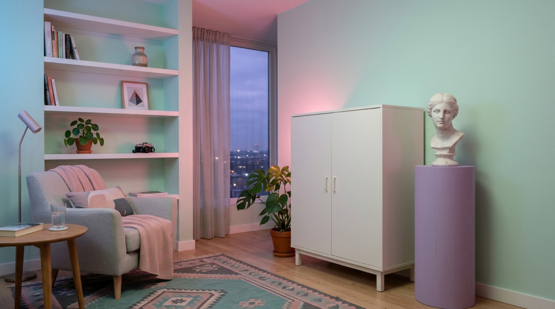 Vaporwave room combining one classical bust with practical closed storage
