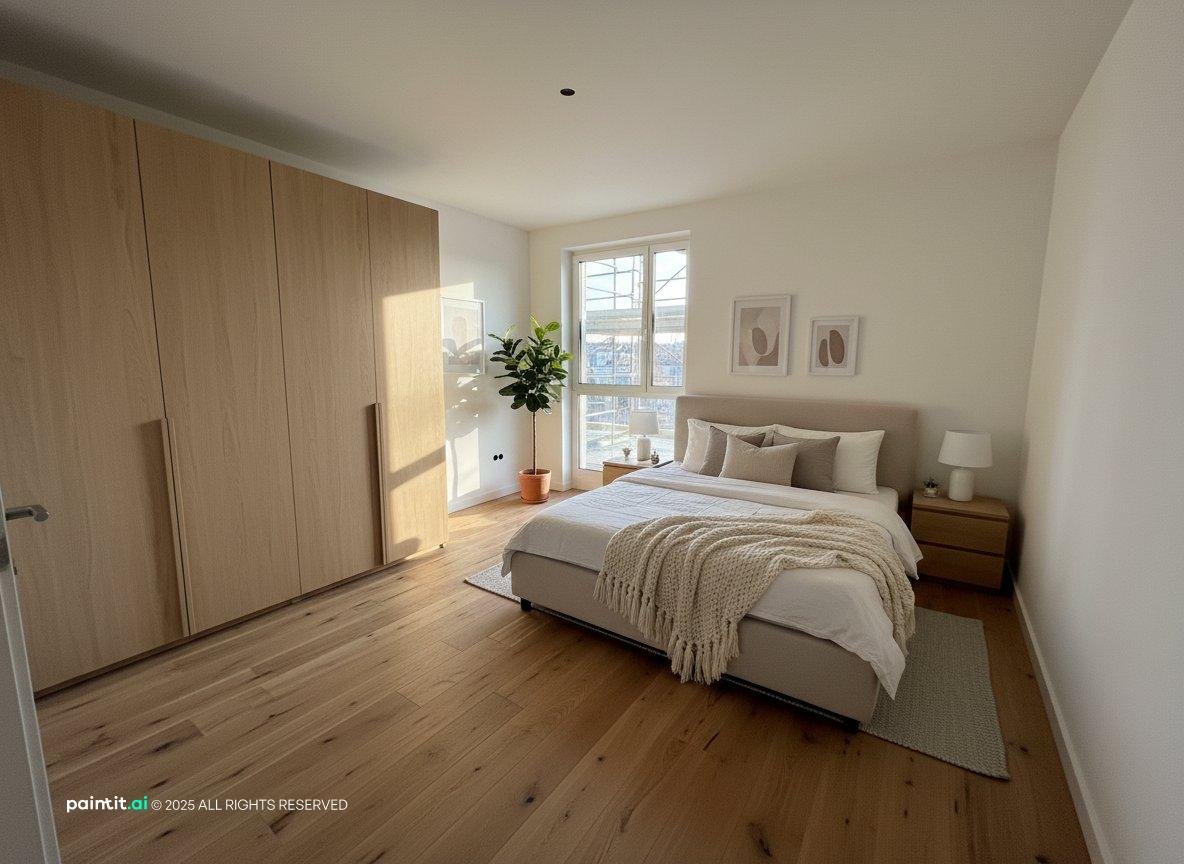 Bedroom in a new German apartment with oak flooring, a floor-to-ceiling wardrobe and a simple bed
