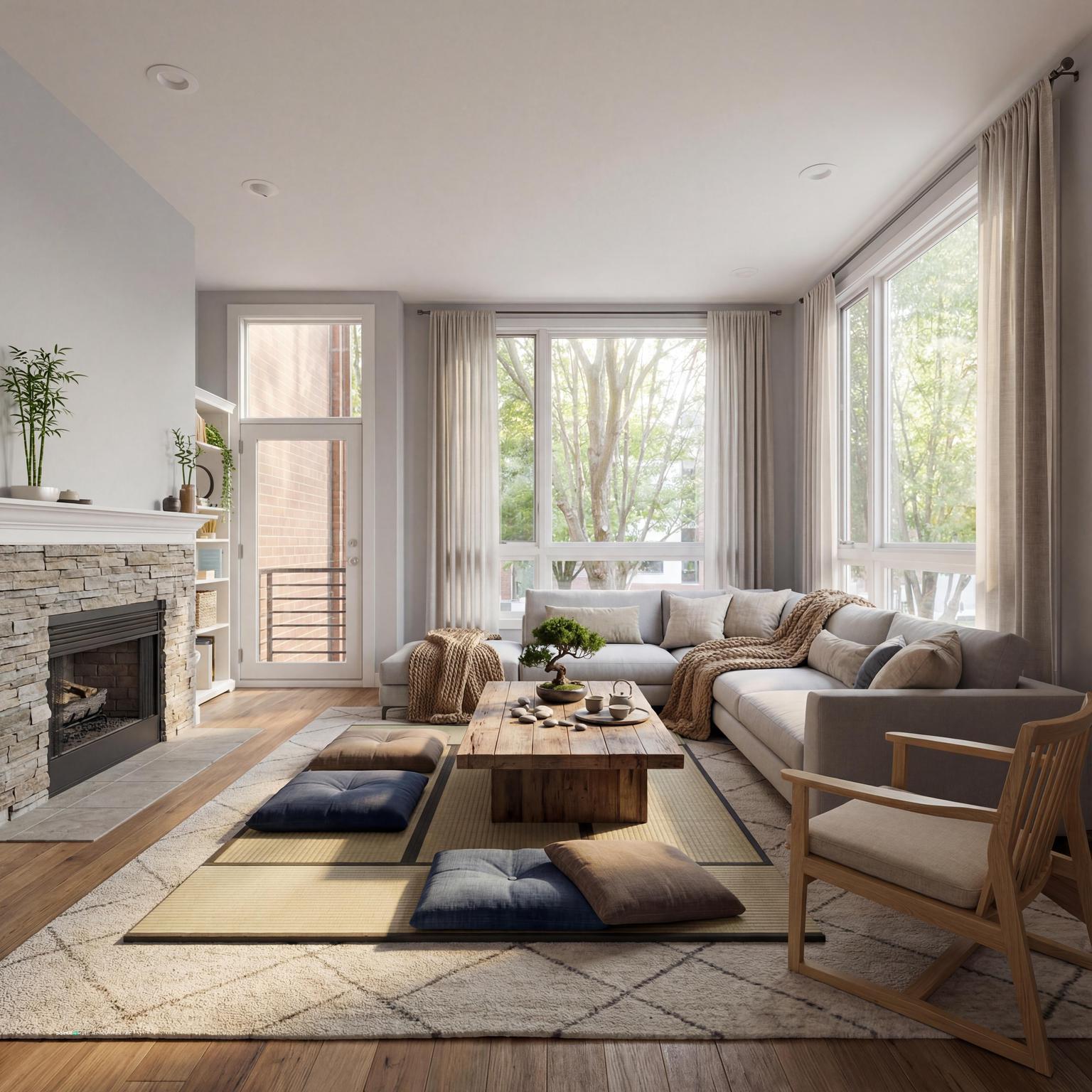Living room with a pale sofa, a low wooden table, a white fireplace and large windows in soft daylight