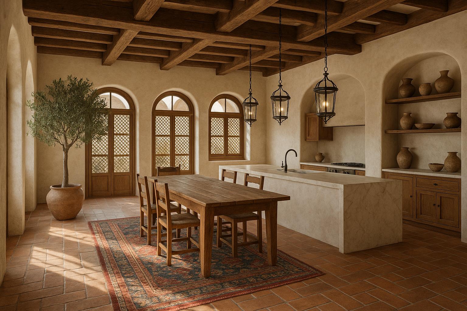 Andalusian villa interior with white walls, wood beams, and warm materials