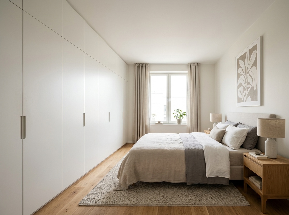 Master bedroom with full wall of floor-to-ceiling built-in white  wardrobes opposite a minimal bed placement for a streamlined look