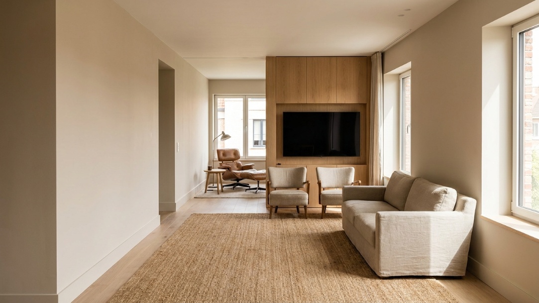 Long narrow living room divided into a main seating zone and a reading nook with a clear side walkway.