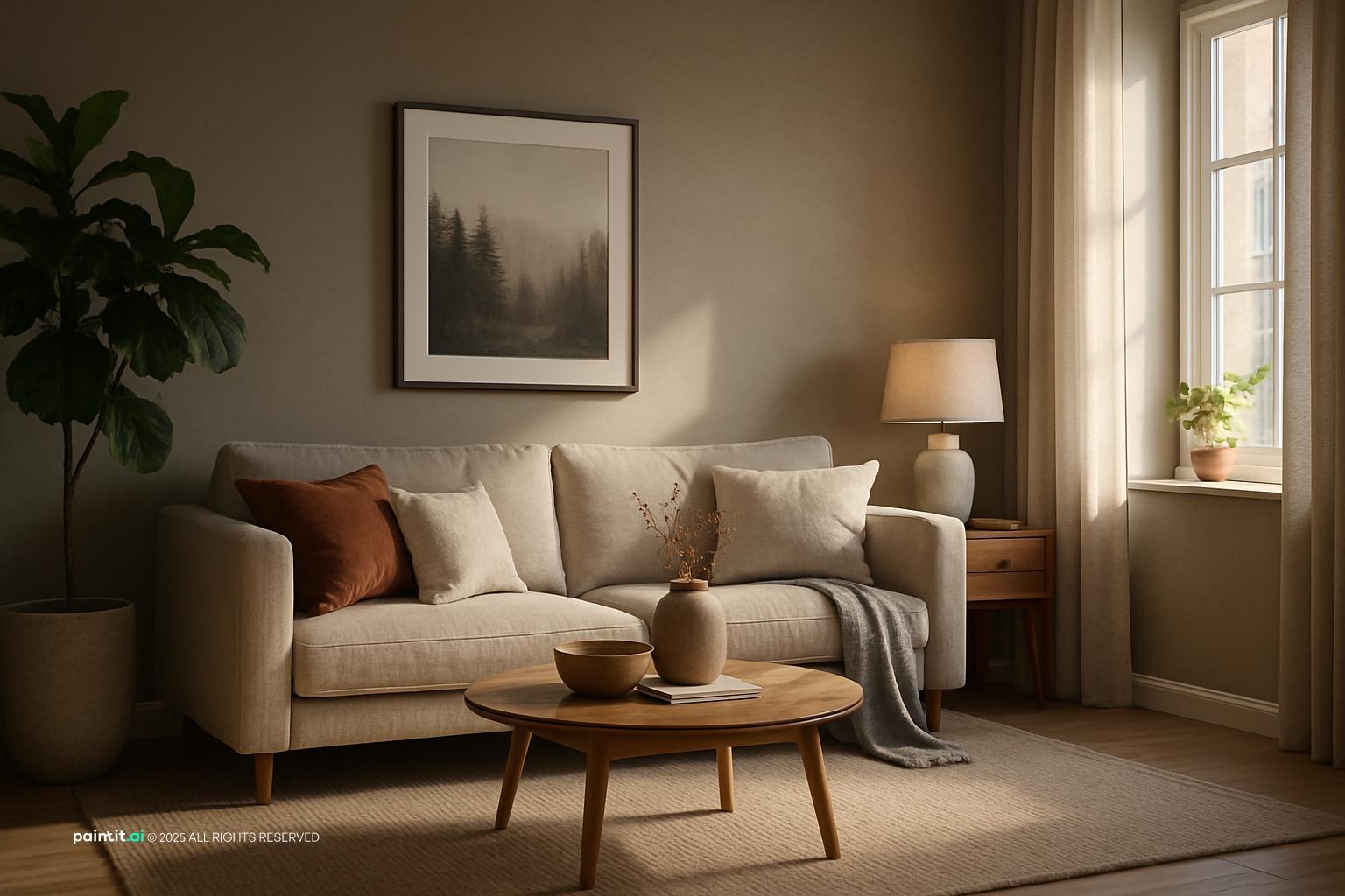 Worldly Gray Living Room: Sophisticated Interior Design | Paintit.ai - 2