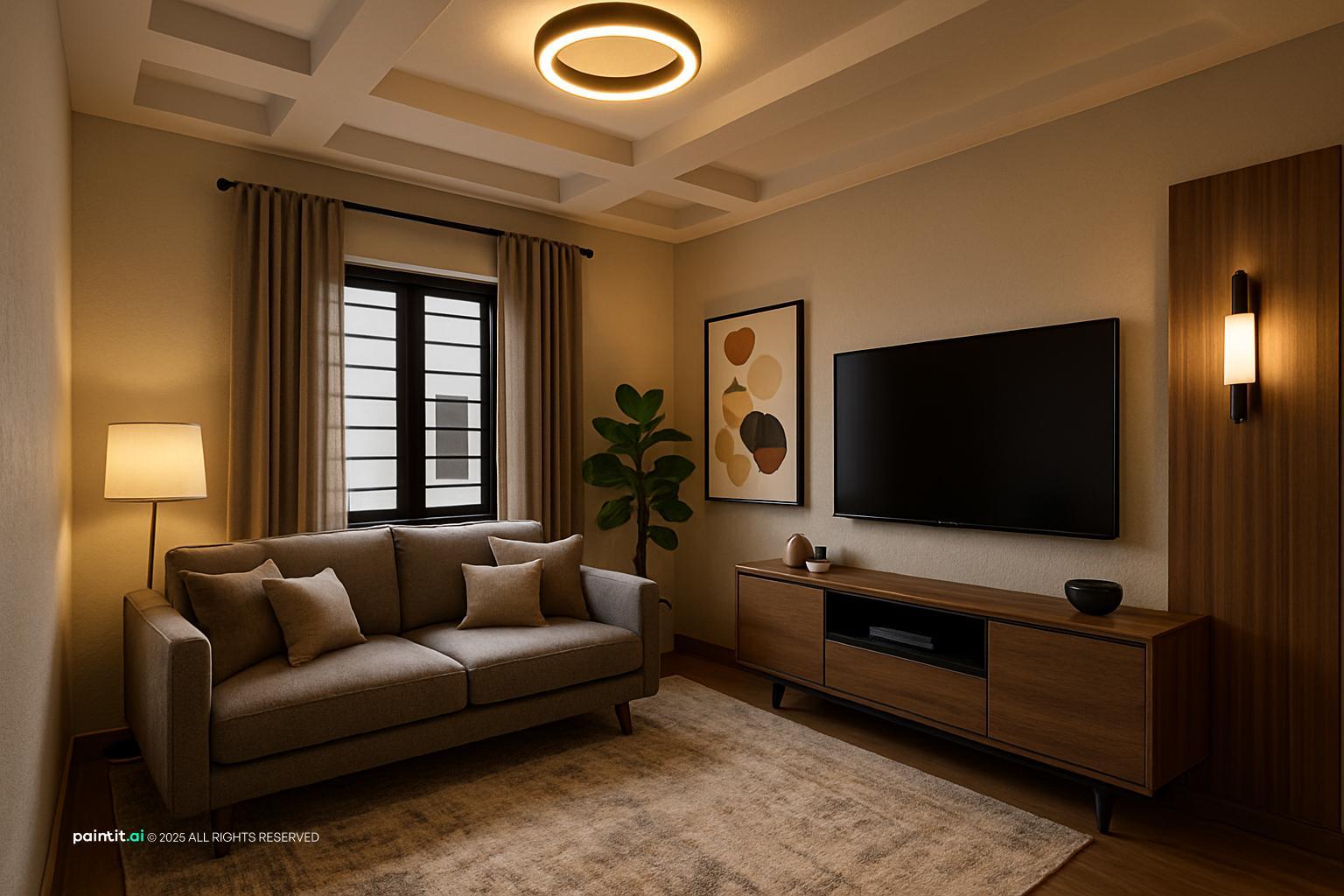 Living room with a gray sofa, a wooden TV unit, wall lights and a ring ceiling light