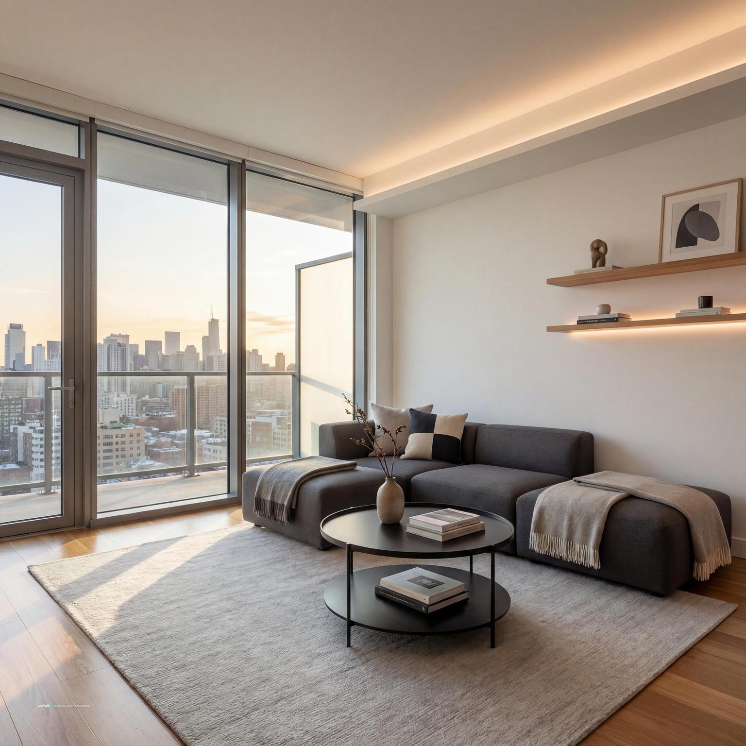 Modern minimalist Japandi living room design, emphasizing clean lines, natural elements, and a calm, uncluttered environment for relaxation.