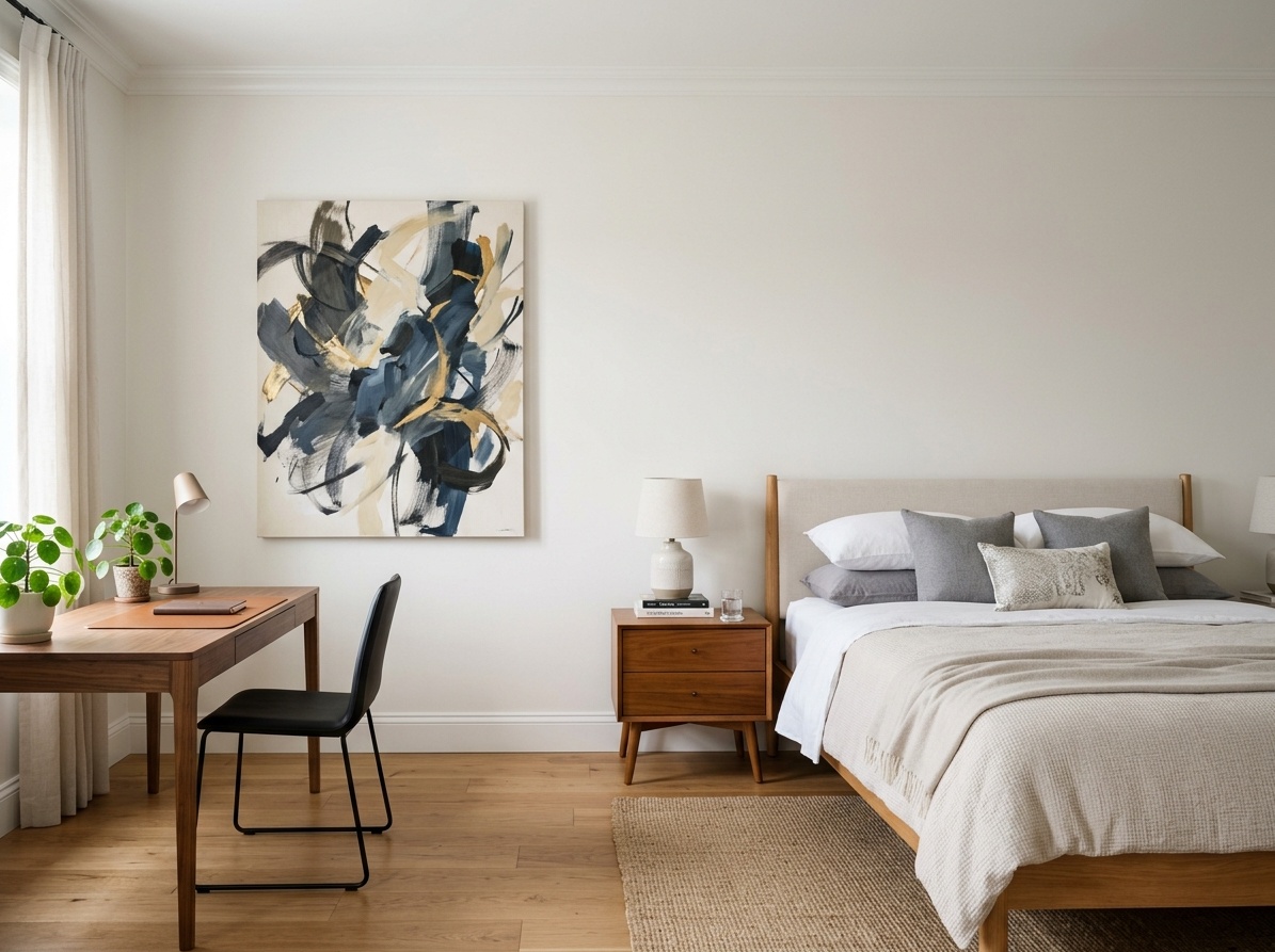 Modern master bedroom with bed placed off-center,  freeing space for a slim desk and balanced by large abstract artwork