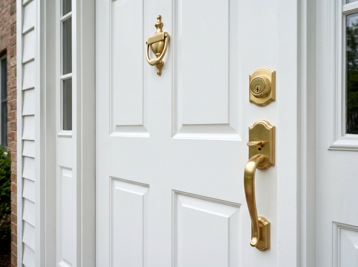 White front door with new satin brass oversized door handle,  deadbolt, and matching brass door knocker hardware upgrade