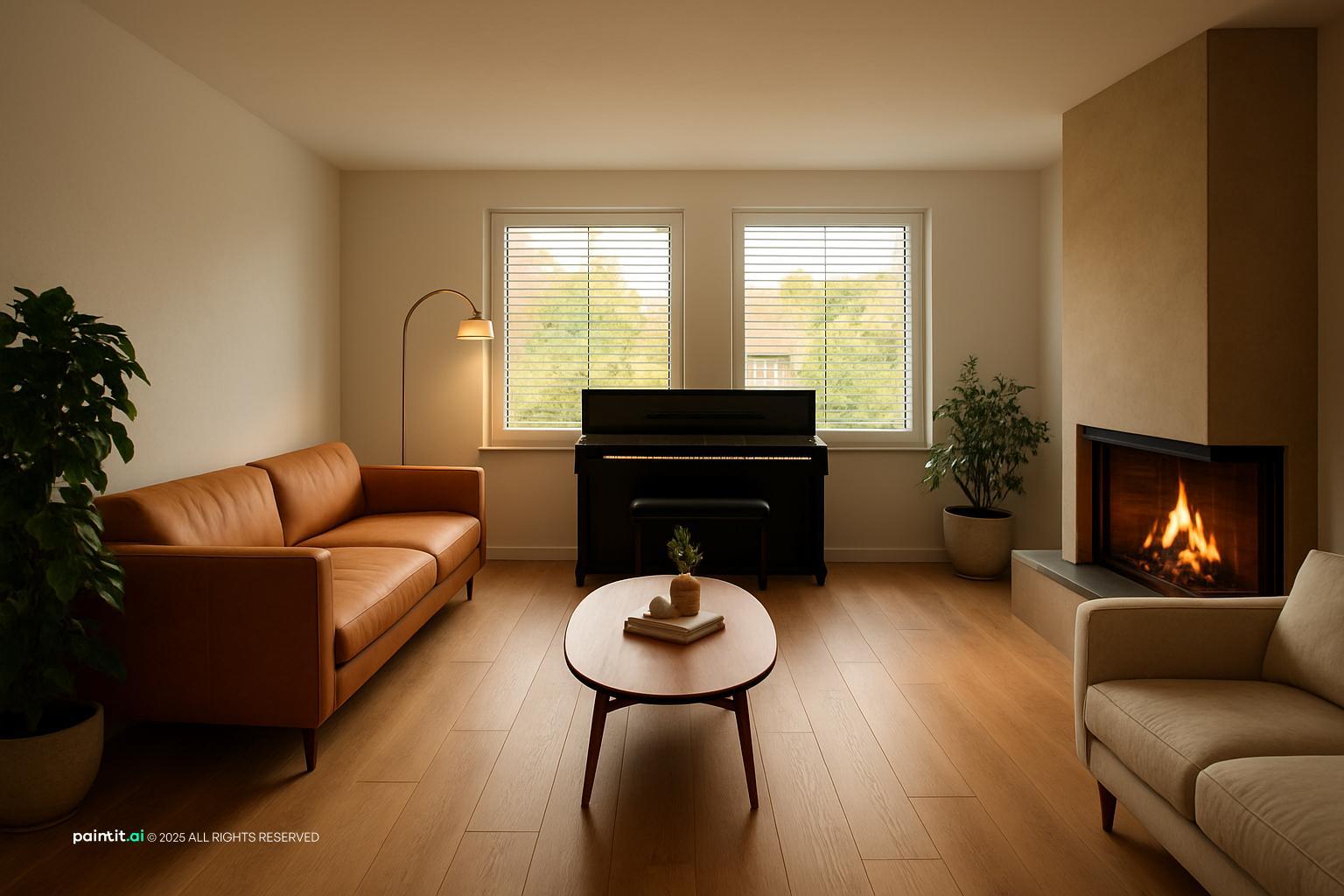 Living room with a fireplace, a black upright piano, two brown sofas and a round coffee table