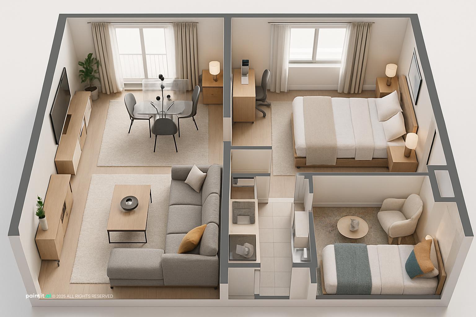 3D cutaway of a two bedroom apartment with a living and dining area and two bedrooms side by side, one with a desk