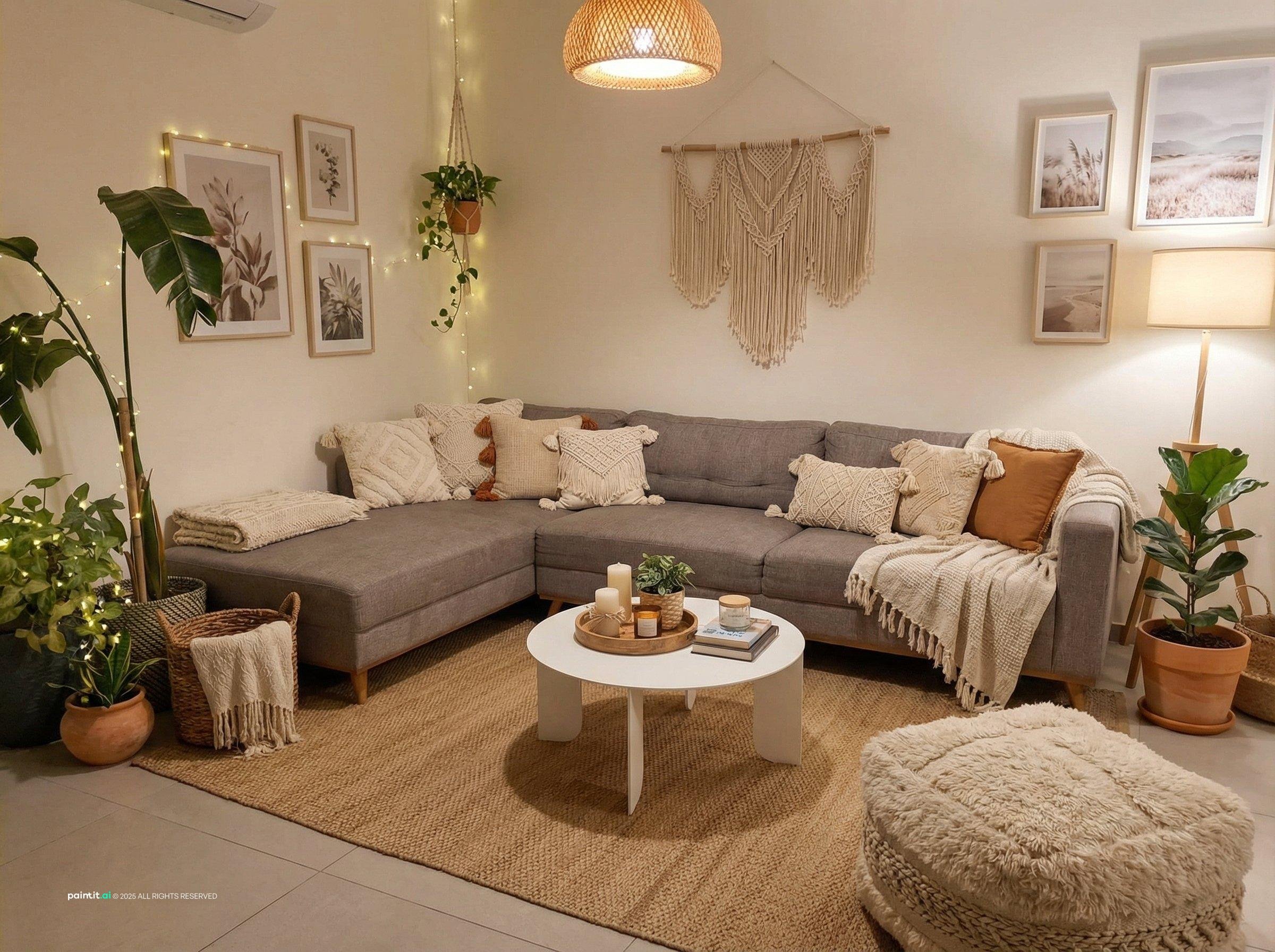 Boho living room with a grey sectional, macramé, a pouf and string lights