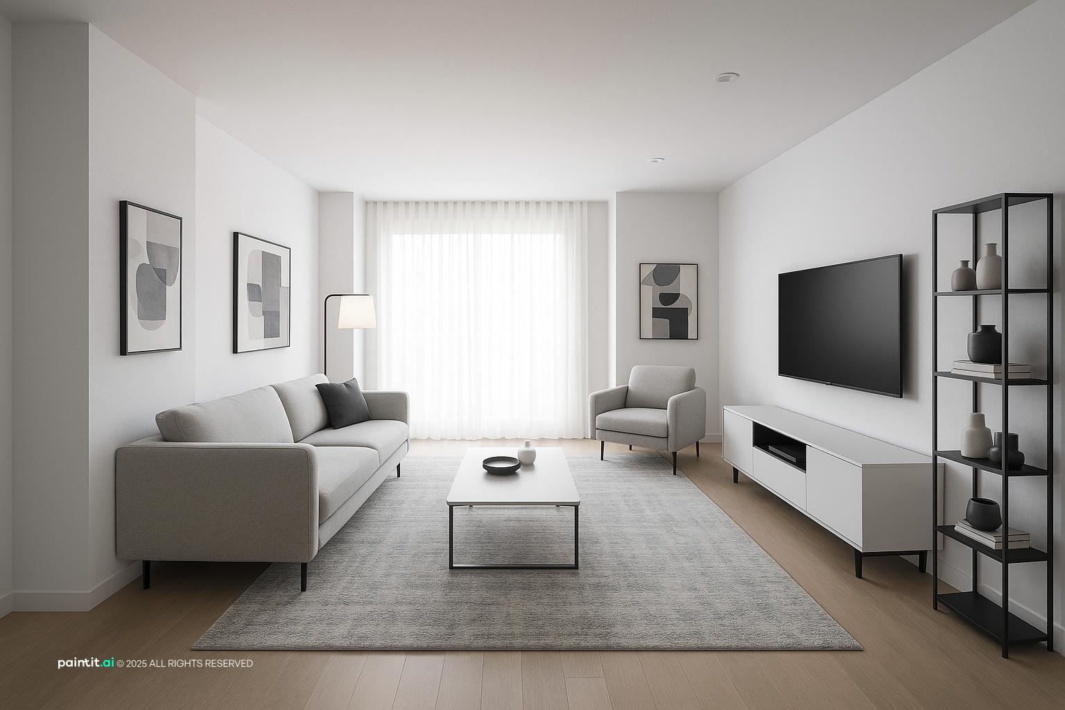Modern grey and white living room with a gray sectional, white walls, a low TV unit and a white coffee table