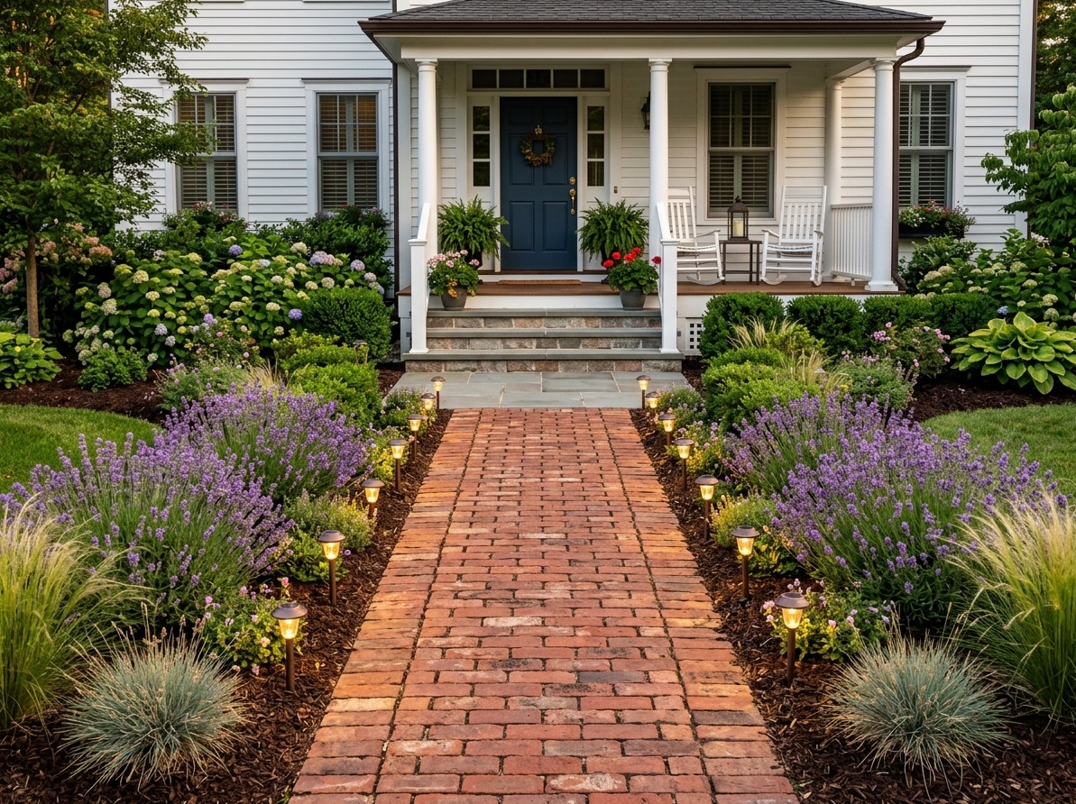 Front porch with defined brick pathway lined with solar lights,  lavender borders, and fresh mulch leading to the porch steps