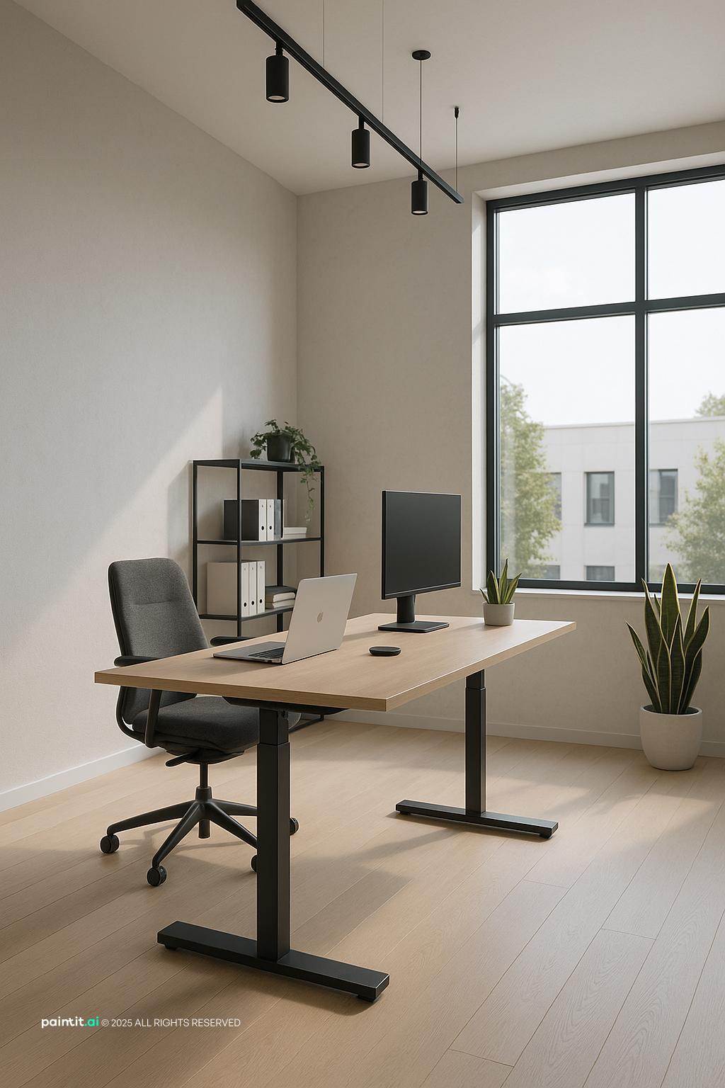 Minimalist office with warm lighting and functional desks