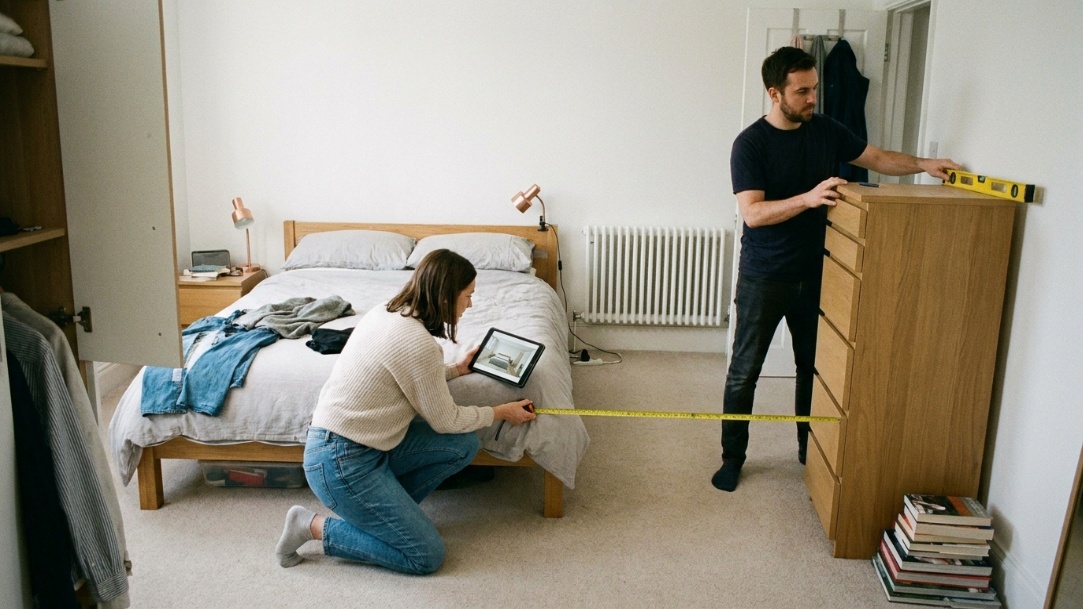 Homeowner checking an AI bedroom concept against bed clearance, wardrobe access, lighting, and furniture safety.