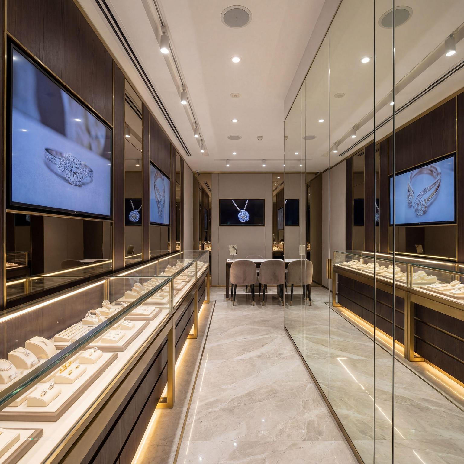Narrow jewelry store with lit glass display cases along both walls