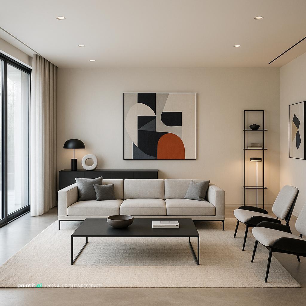 Modern Living Room Design for 2025 showing clean-lined furniture, layered neutrals, dark contrast for Neutral Living Room Ideas.